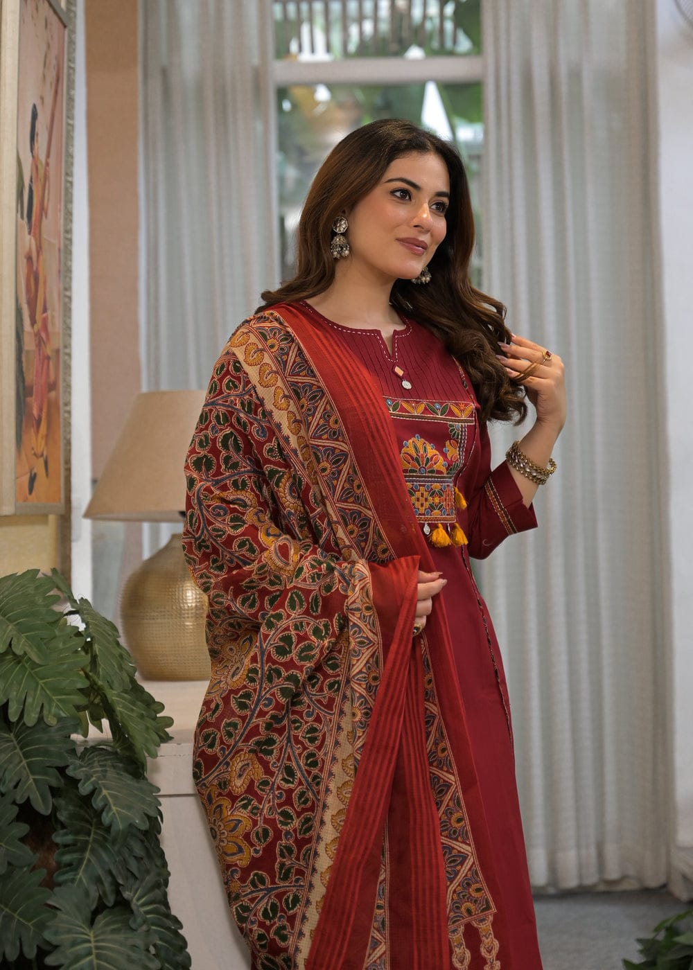 Women's Premium Cotton A-Line Embroidered Kurta Set with Printed Dupatta