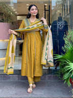 Women's Premium Cotton Embroidered Straight Kurta Set with Pants & Printed Dupatta