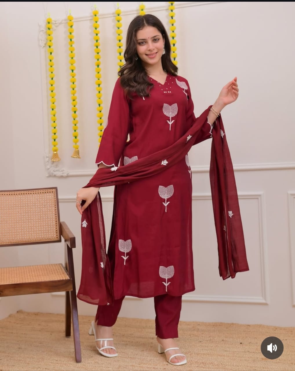 Women's Cotton A-Line Embroidered Kurti Set with Pants & Dupatta