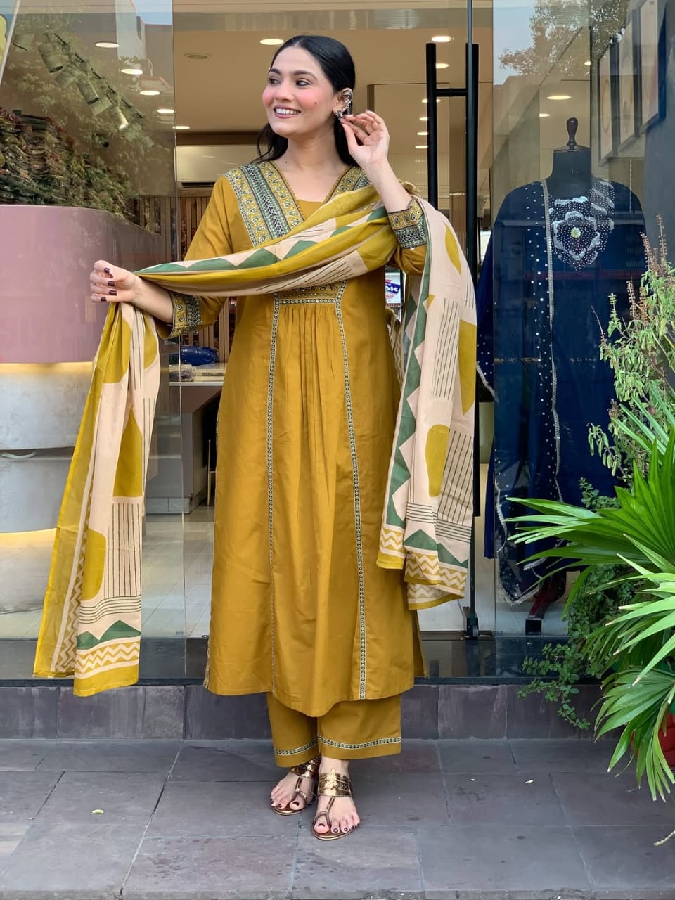 Women's Premium Cotton Embroidered Straight Kurta Set with Pants & Printed Dupatta
