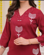 Women's Cotton A-Line Embroidered Kurti Set with Pants & Dupatta