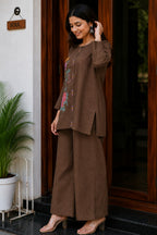 Women's Premium Cotton Embroidered Co-Ord Set with Wide-Leg Pants