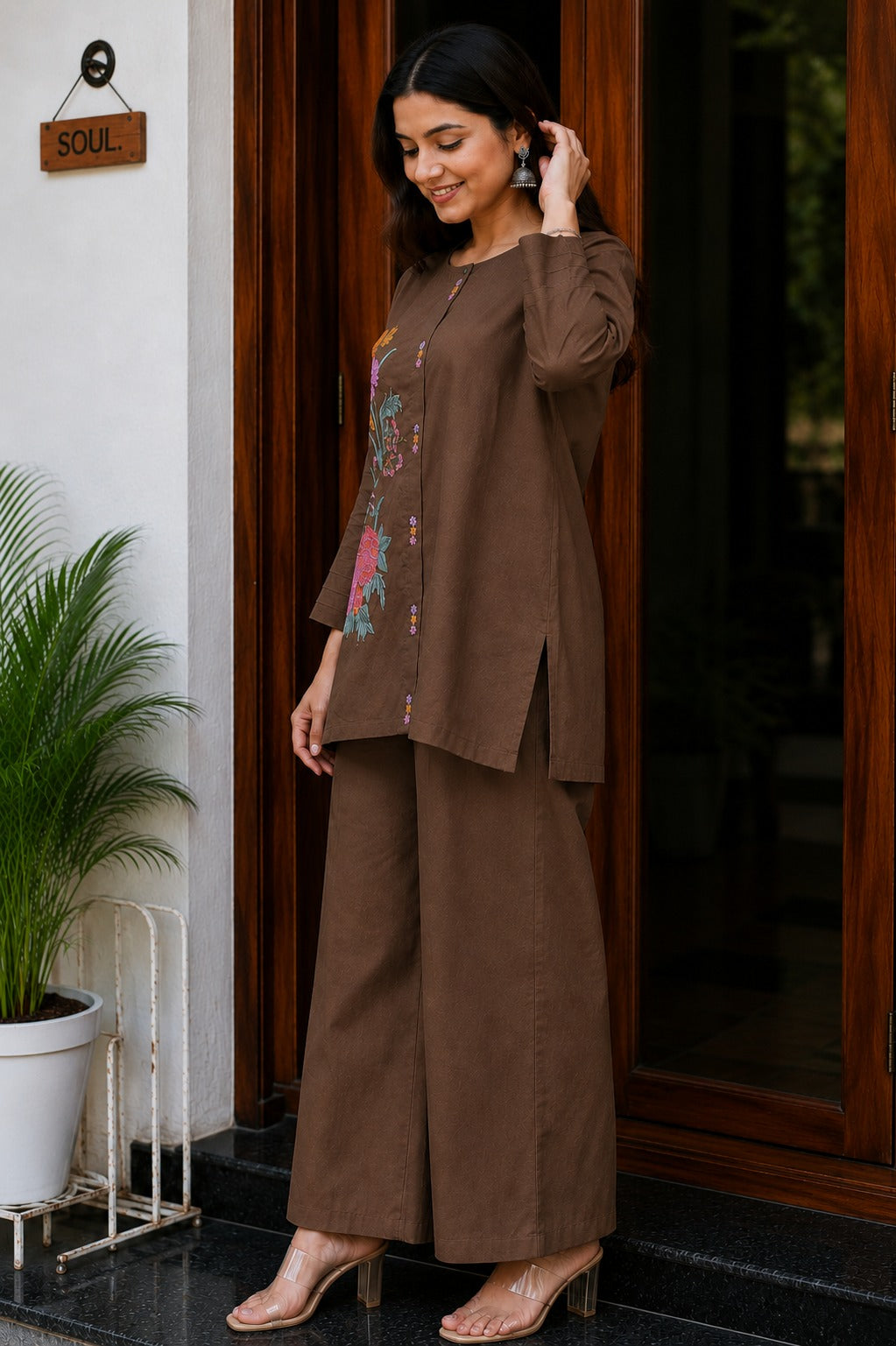 Women's Premium Cotton Embroidered Co-Ord Set with Wide-Leg Pants