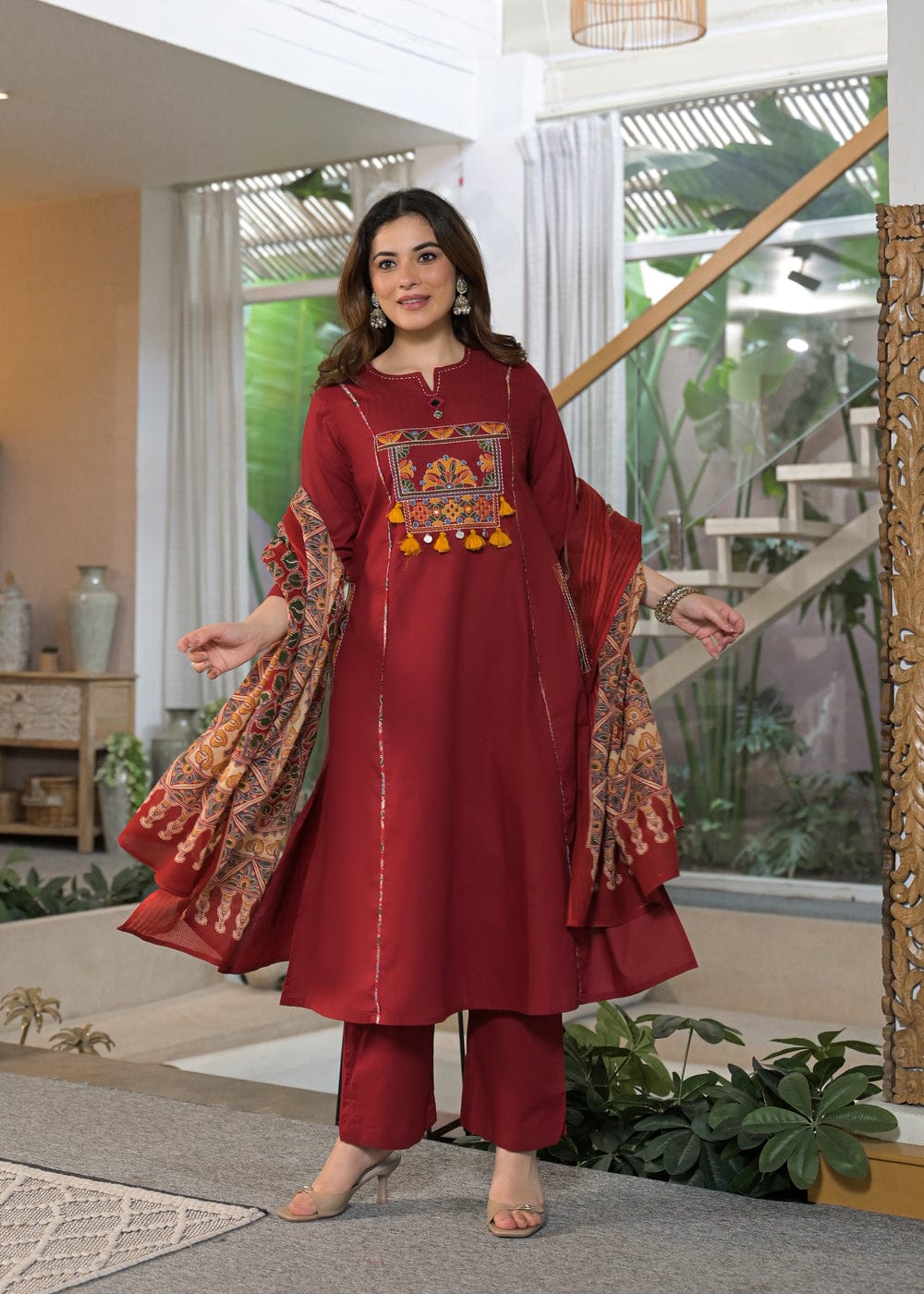 Women's Premium Cotton A-Line Embroidered Kurta Set with Printed Dupatta