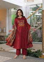 Women's Premium Cotton A-Line Embroidered Kurta Set with Printed Dupatta