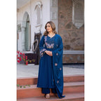 Royal Blue Floral Embroidered Kurta pant and Dupatta Set
