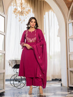 Magenta Floral Embroidered Kurta Pant And Dupatta Set