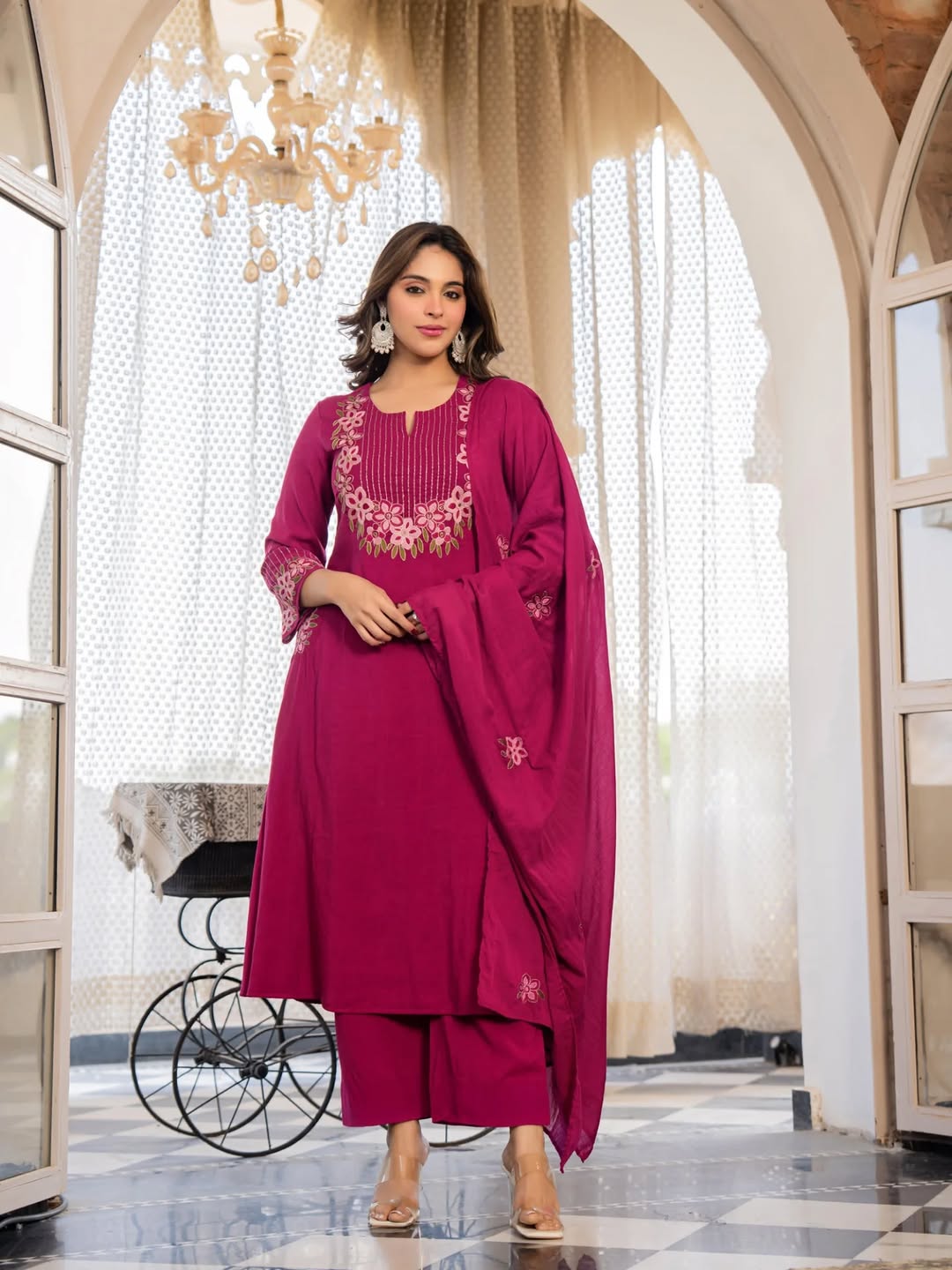 Magenta Floral Embroidered Kurta Pant And Dupatta Set