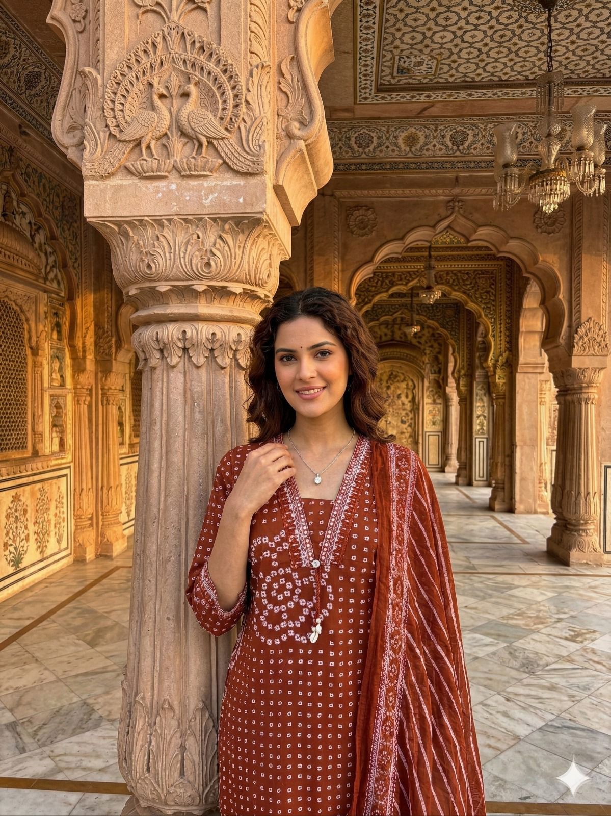 Rust Brown Printed Cotton Kurta Set with Dupatta