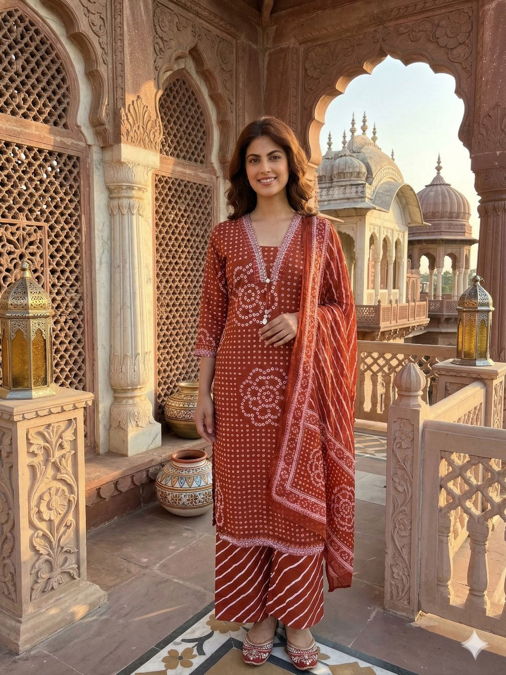 Rust Brown Printed Cotton Kurta Set with Dupatta