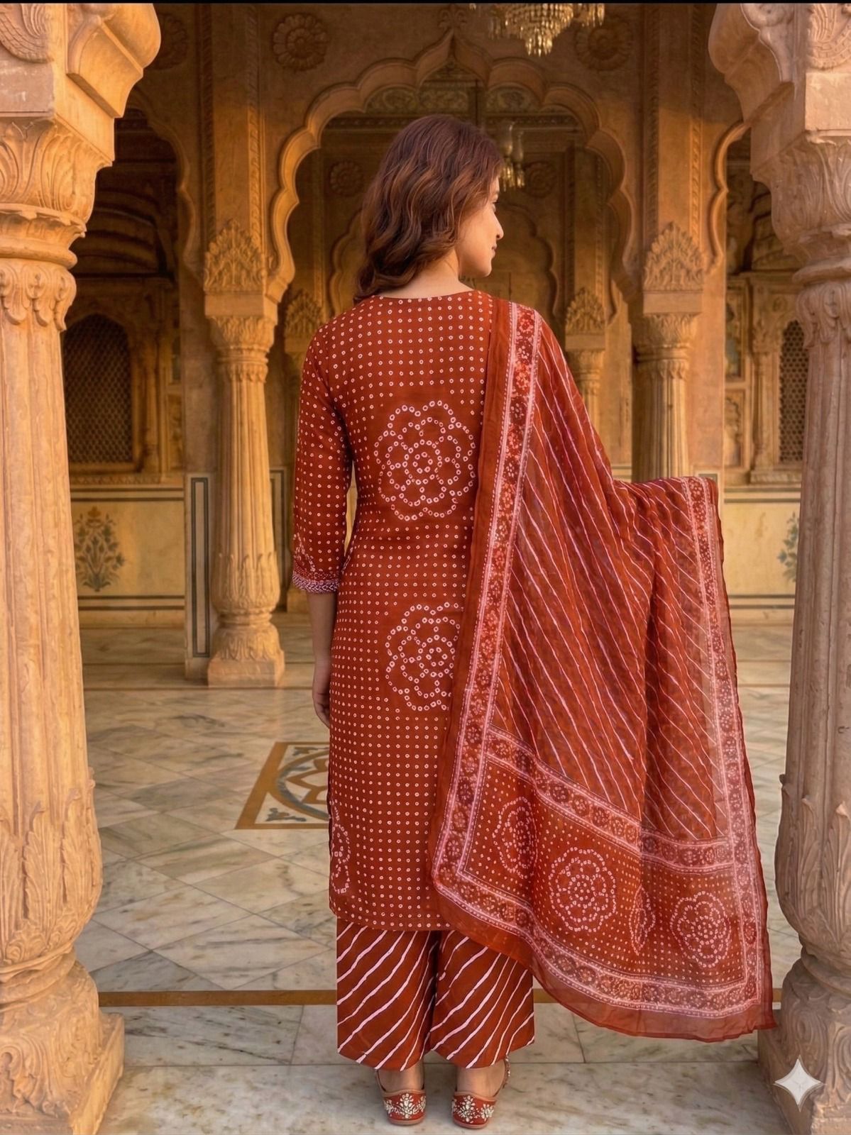 Rust Brown Printed Cotton Kurta Set with Dupatta