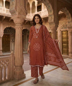 Rust Brown Printed Cotton Kurta Set with Dupatta