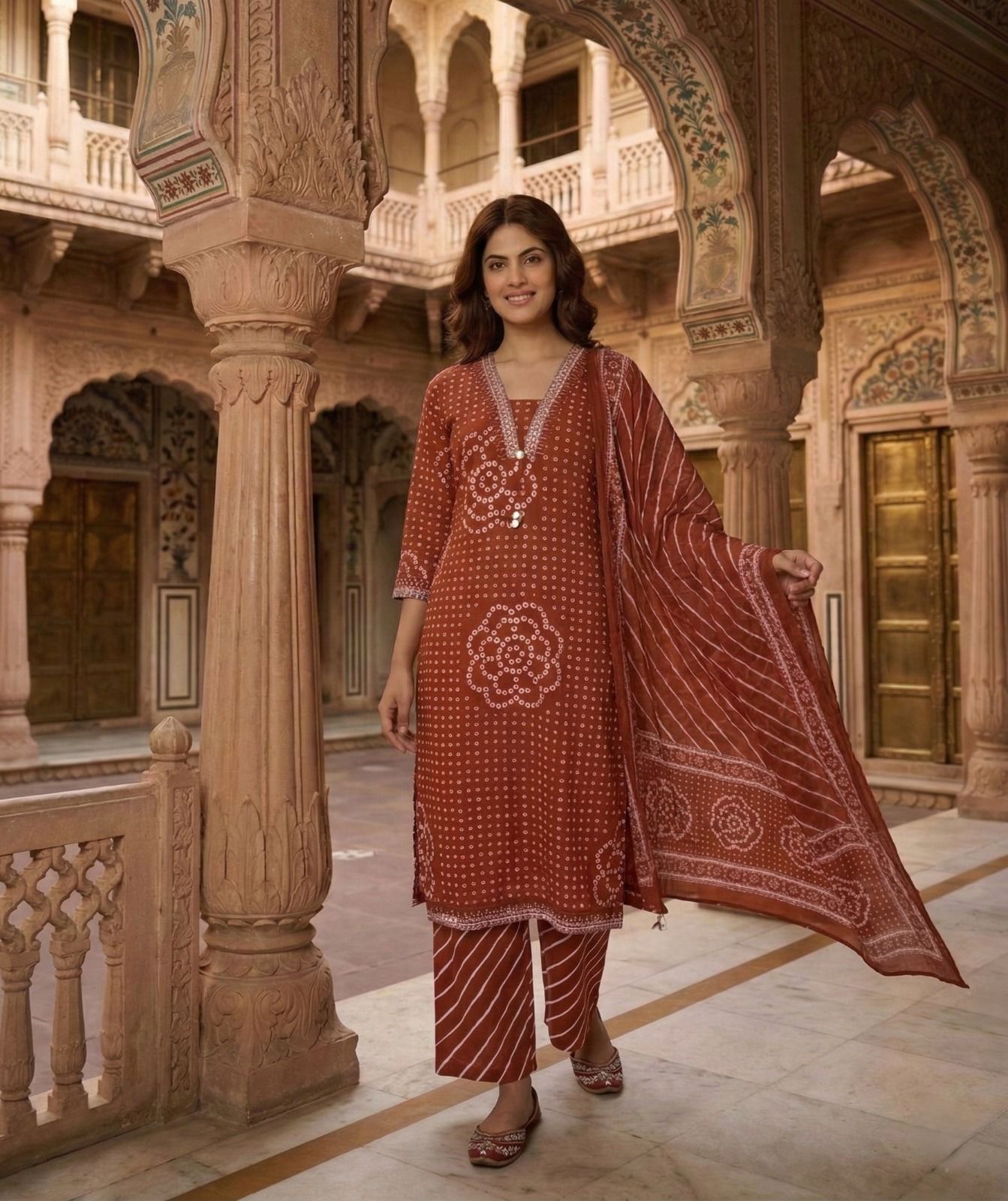 Rust Brown Printed Cotton Kurta Set with Dupatta