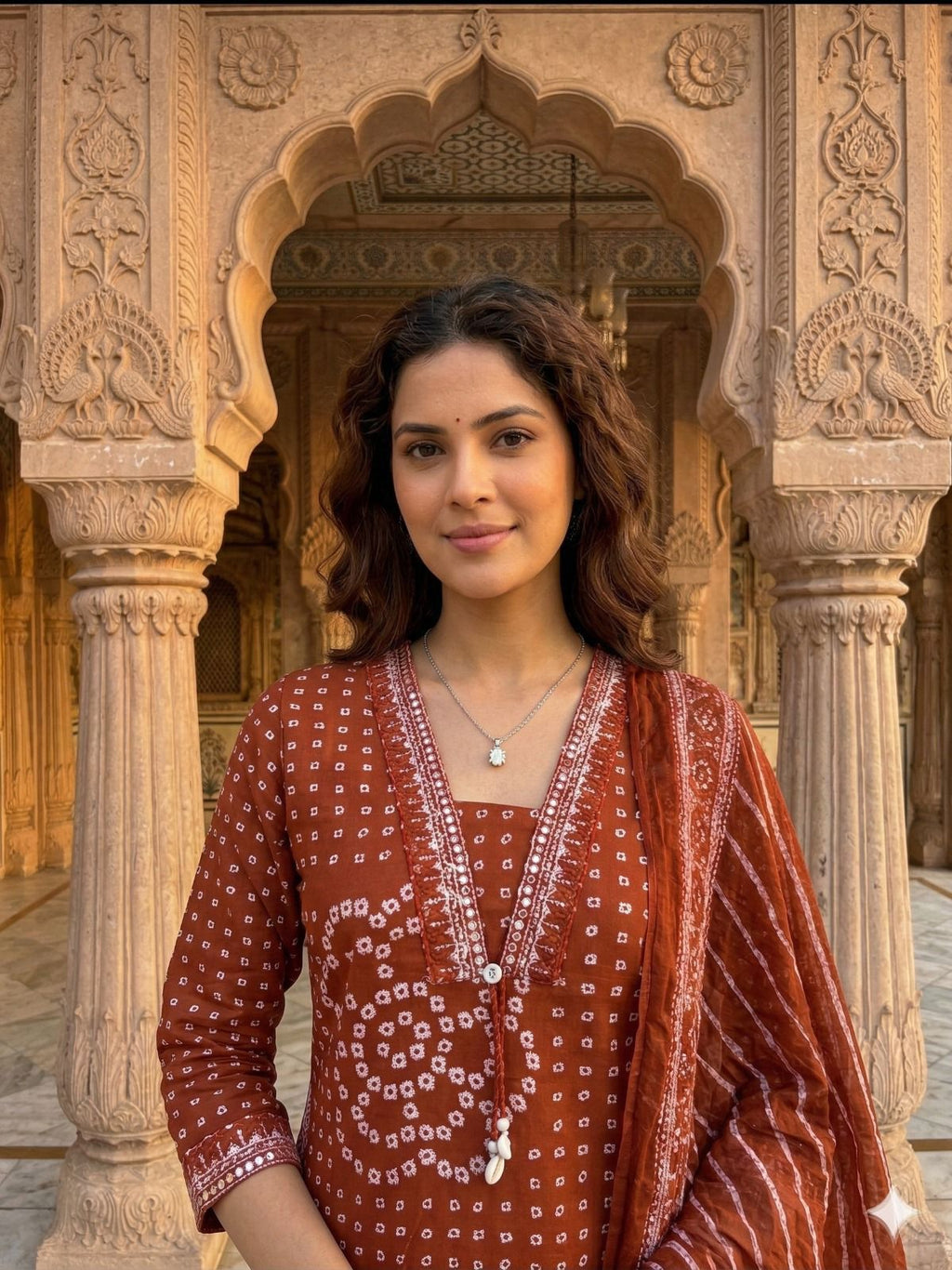 Rust Brown Printed Cotton Kurta Set with Dupatta