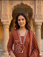 Rust Brown Printed Cotton Kurta Set with Dupatta