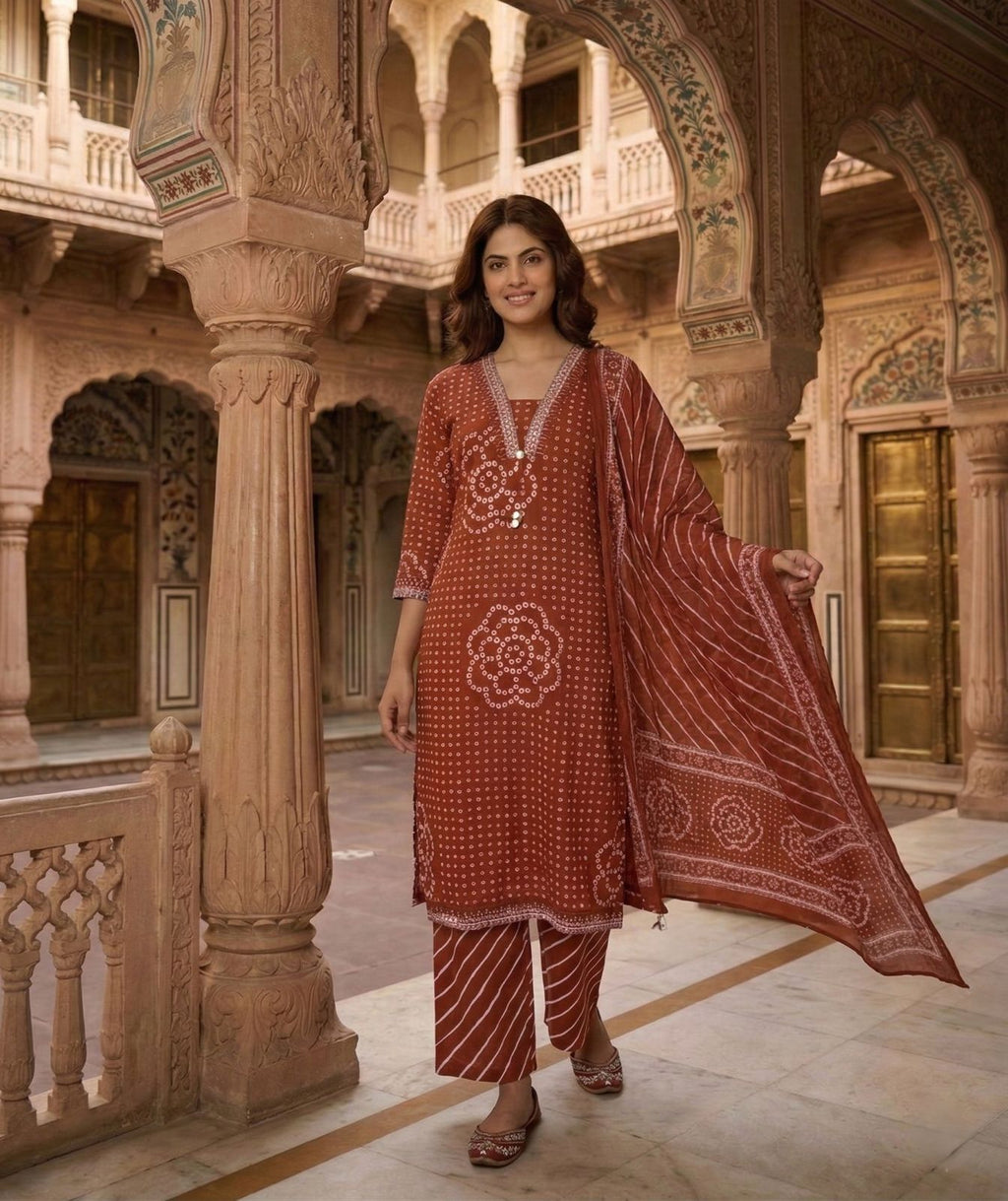 Rust Brown Printed Cotton Kurta Set with Dupatta