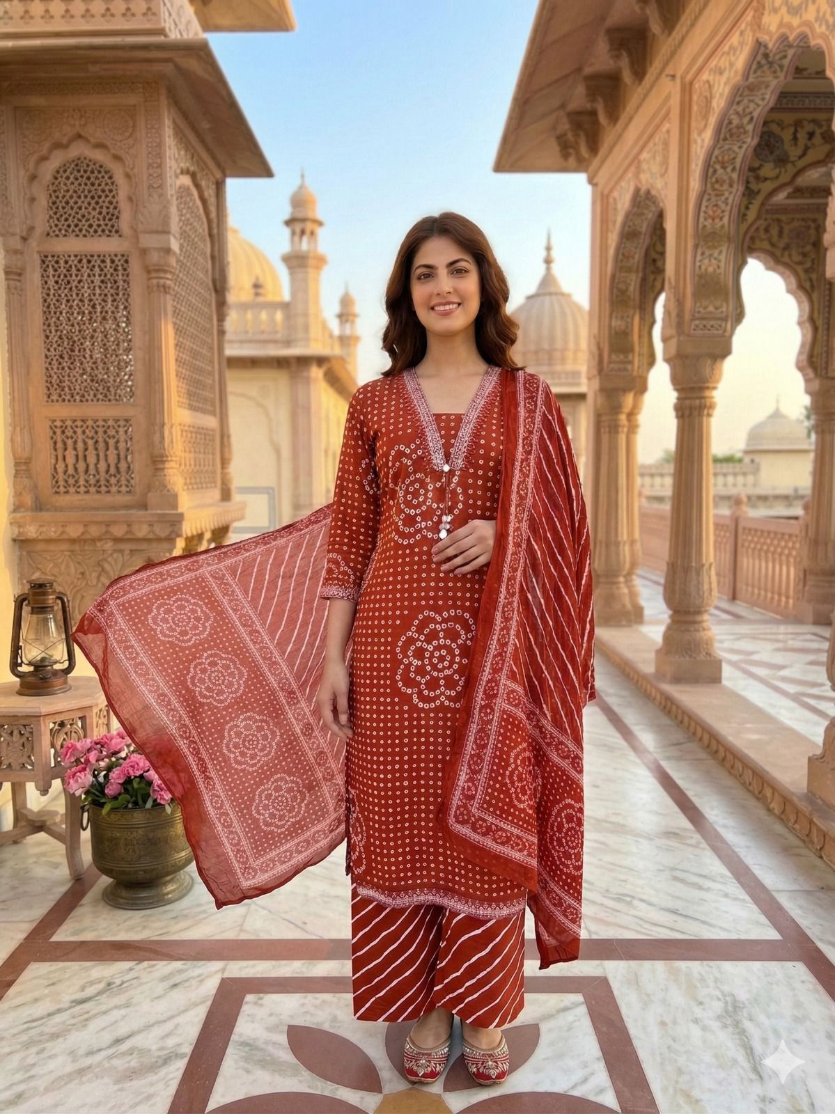Rust Brown Printed Cotton Kurta Set with Dupatta