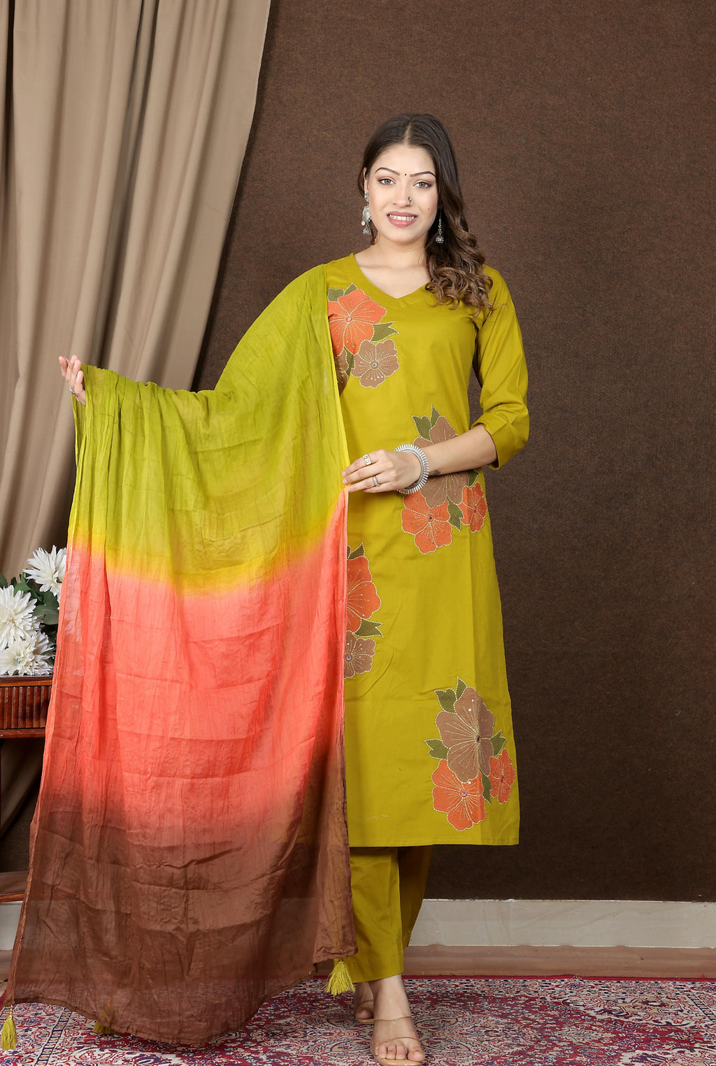 Women's Floral Embroidered Cotton Kurta Set