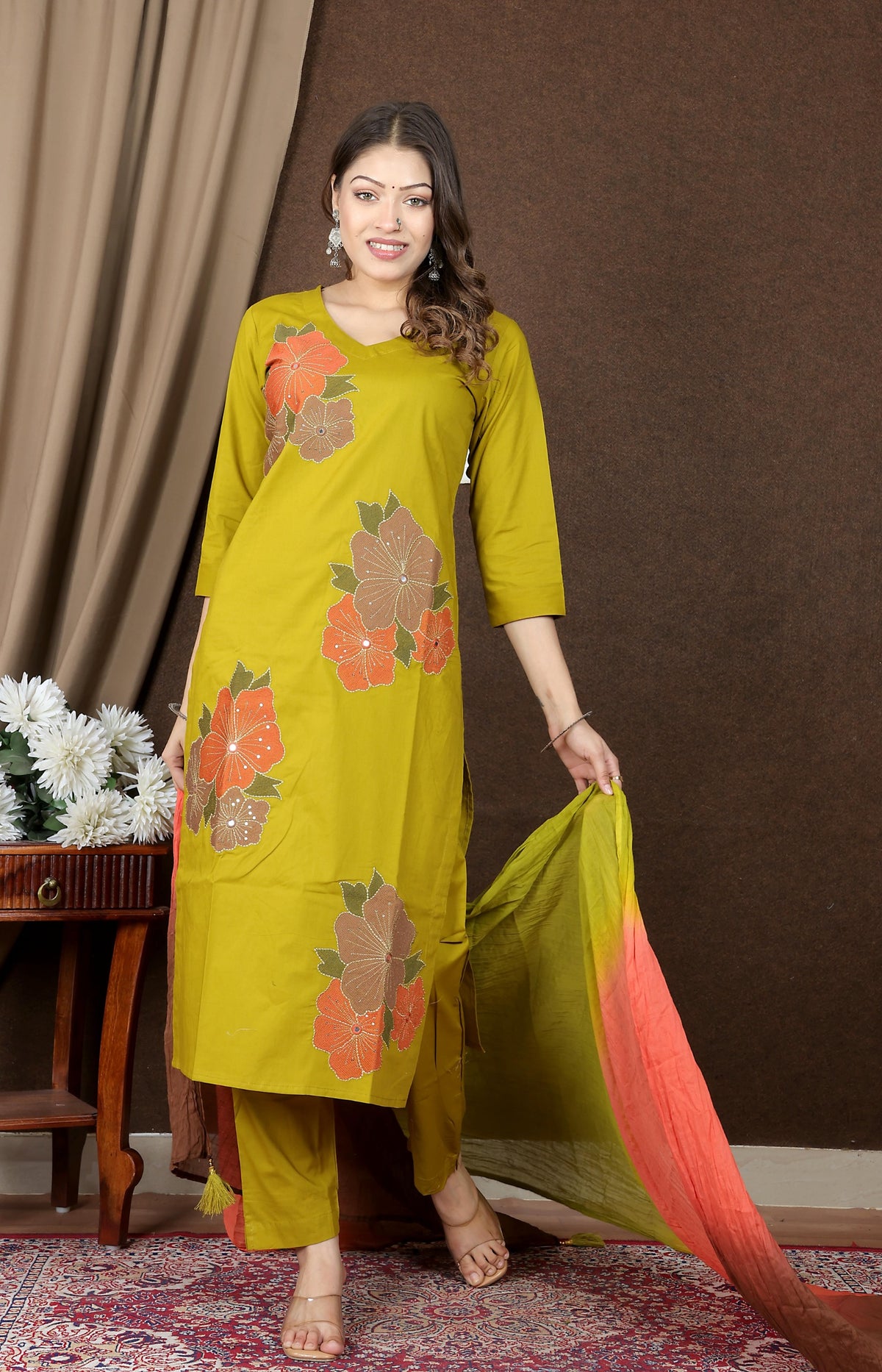 Women's Floral Embroidered Cotton Kurta Set