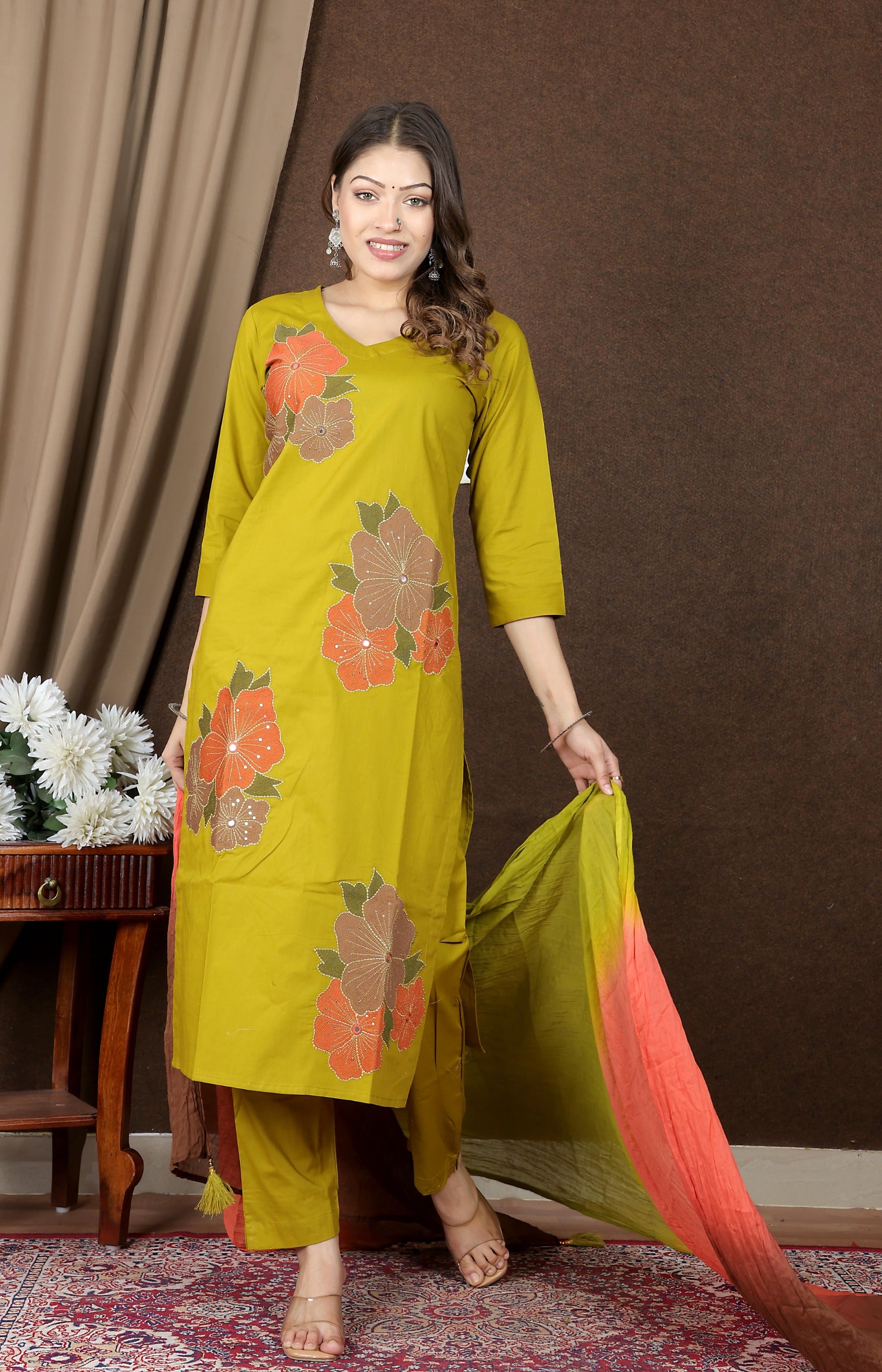 Women's Floral Embroidered Cotton Kurta Set
