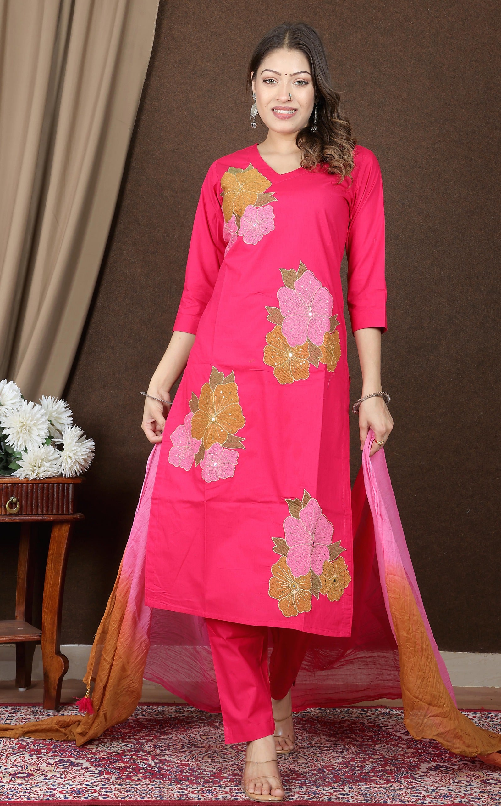 Women's Floral Embroidered Cotton Kurta Set