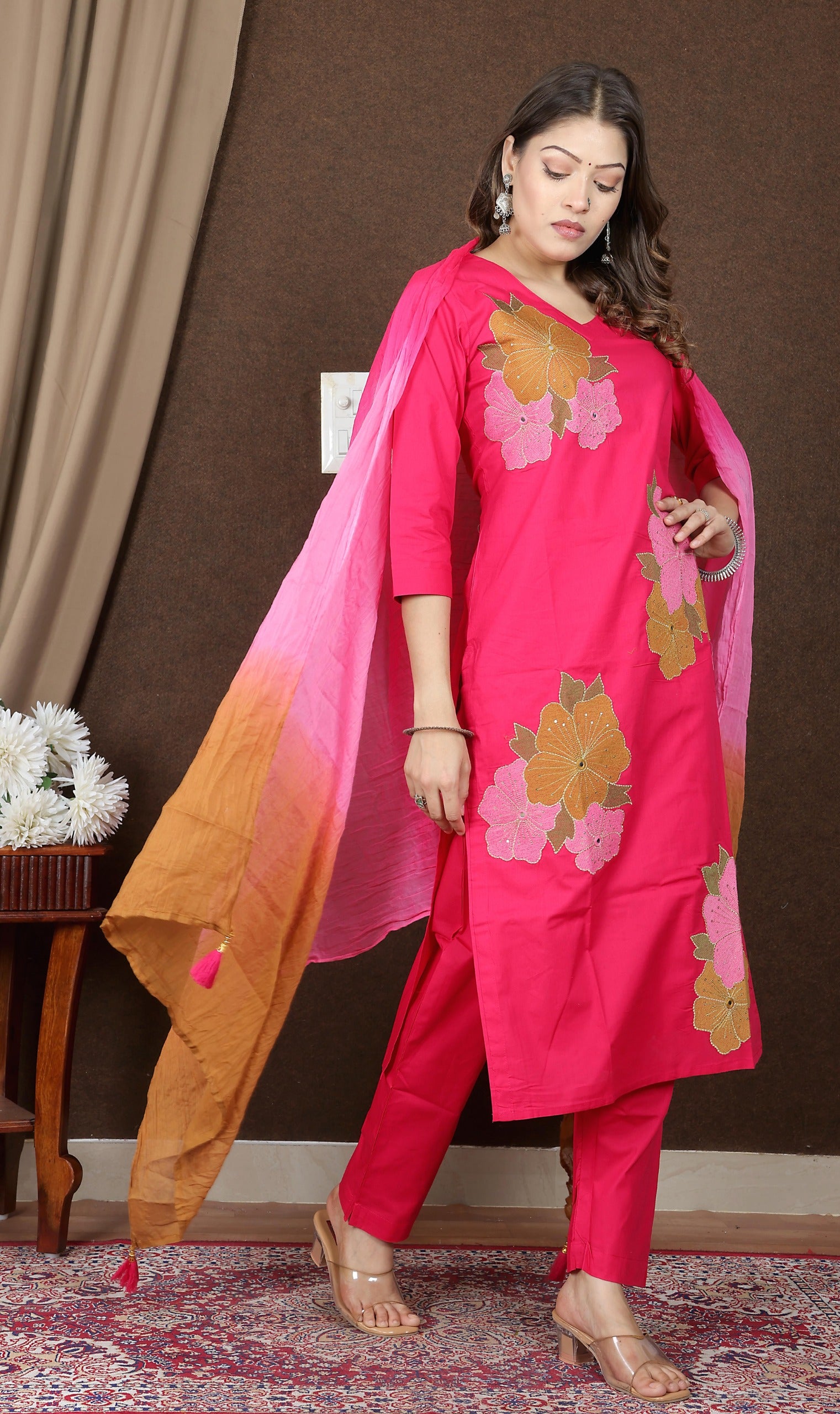 Women's Floral Embroidered Cotton Kurta Set