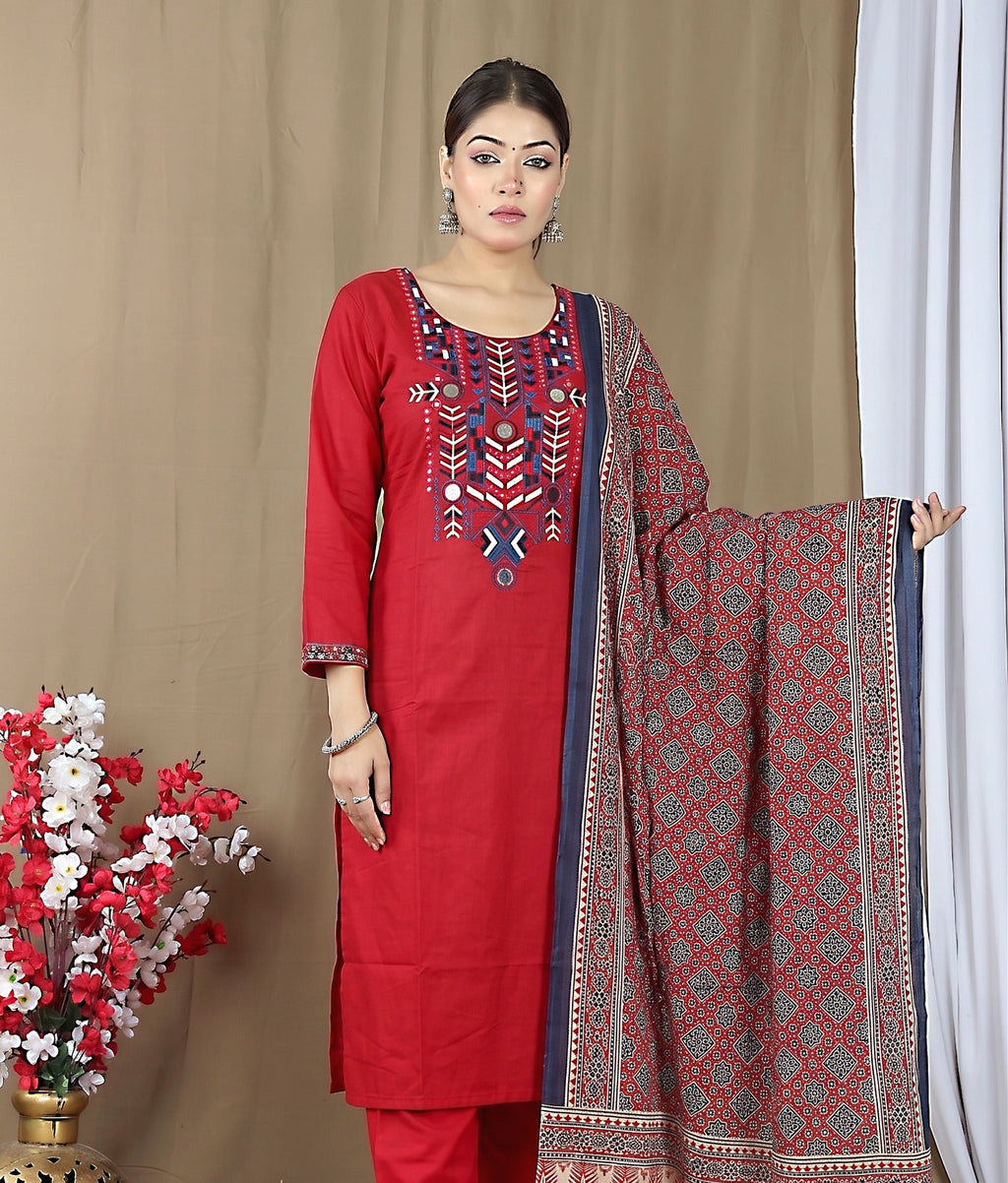 Women's Dabu Cotton Kurta Set with Printed Dupatta