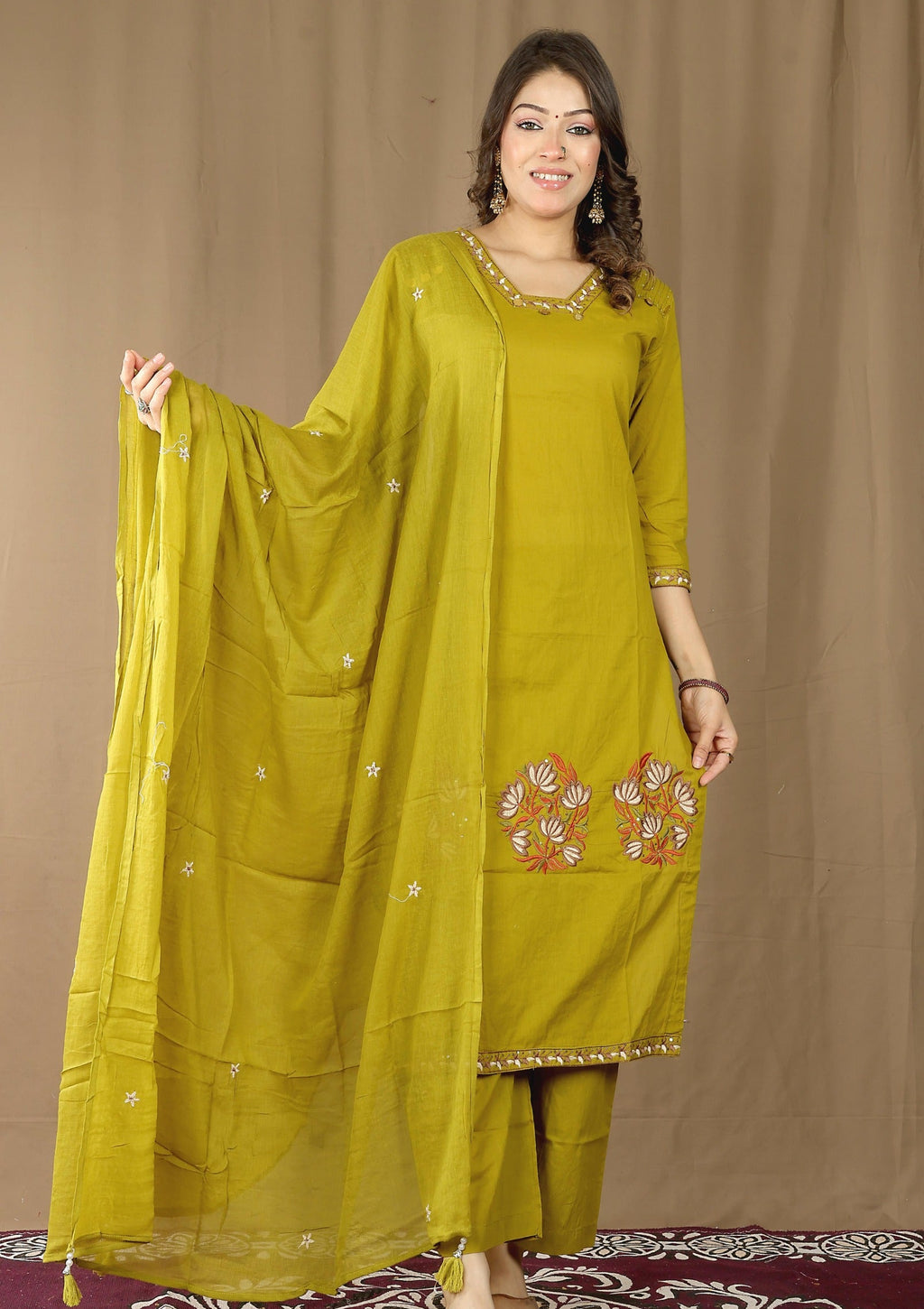 Women's Cotton Kurta Set with Embroidered Dupatta