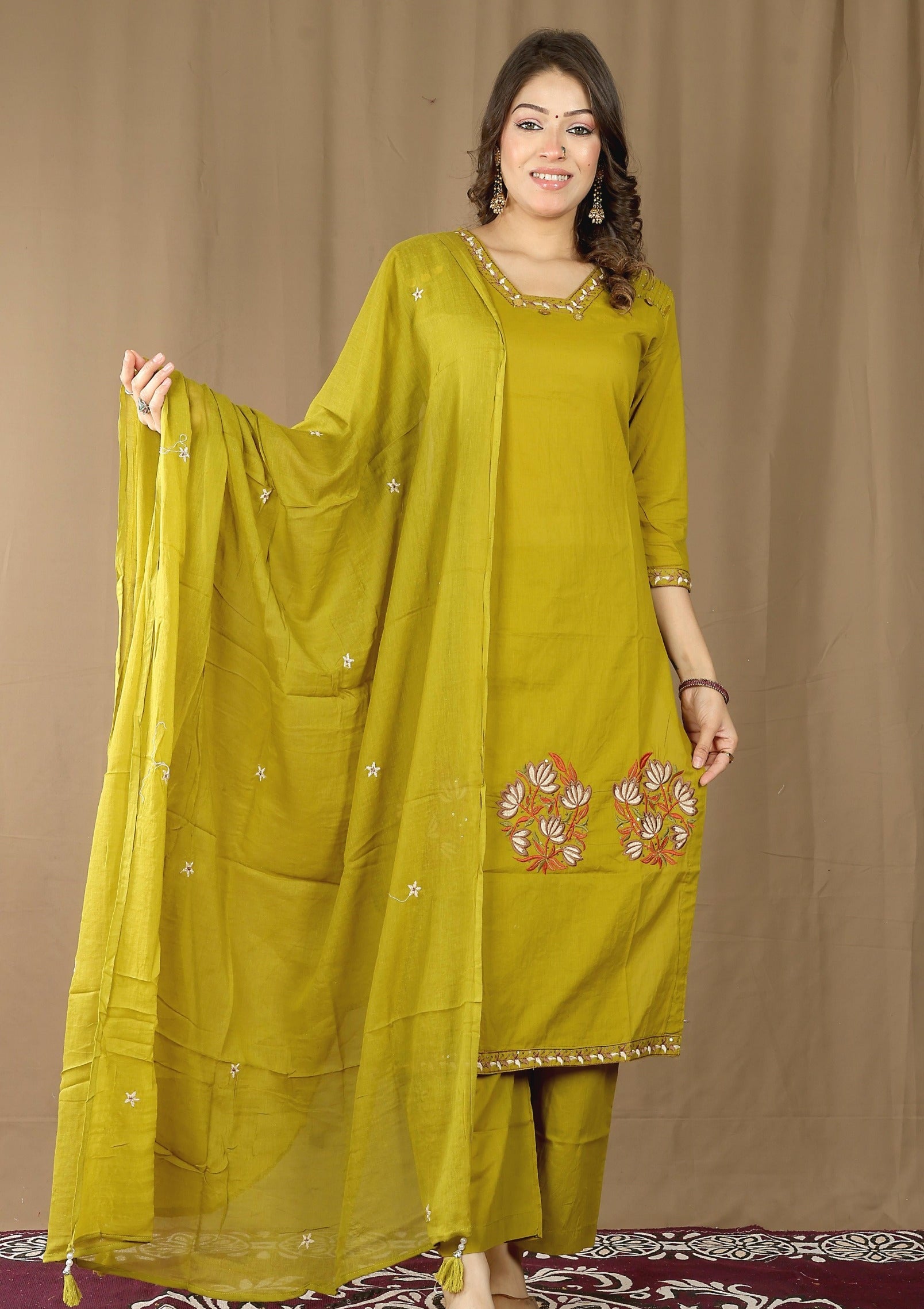 Women's Cotton Kurta Set with Embroidered Dupatta