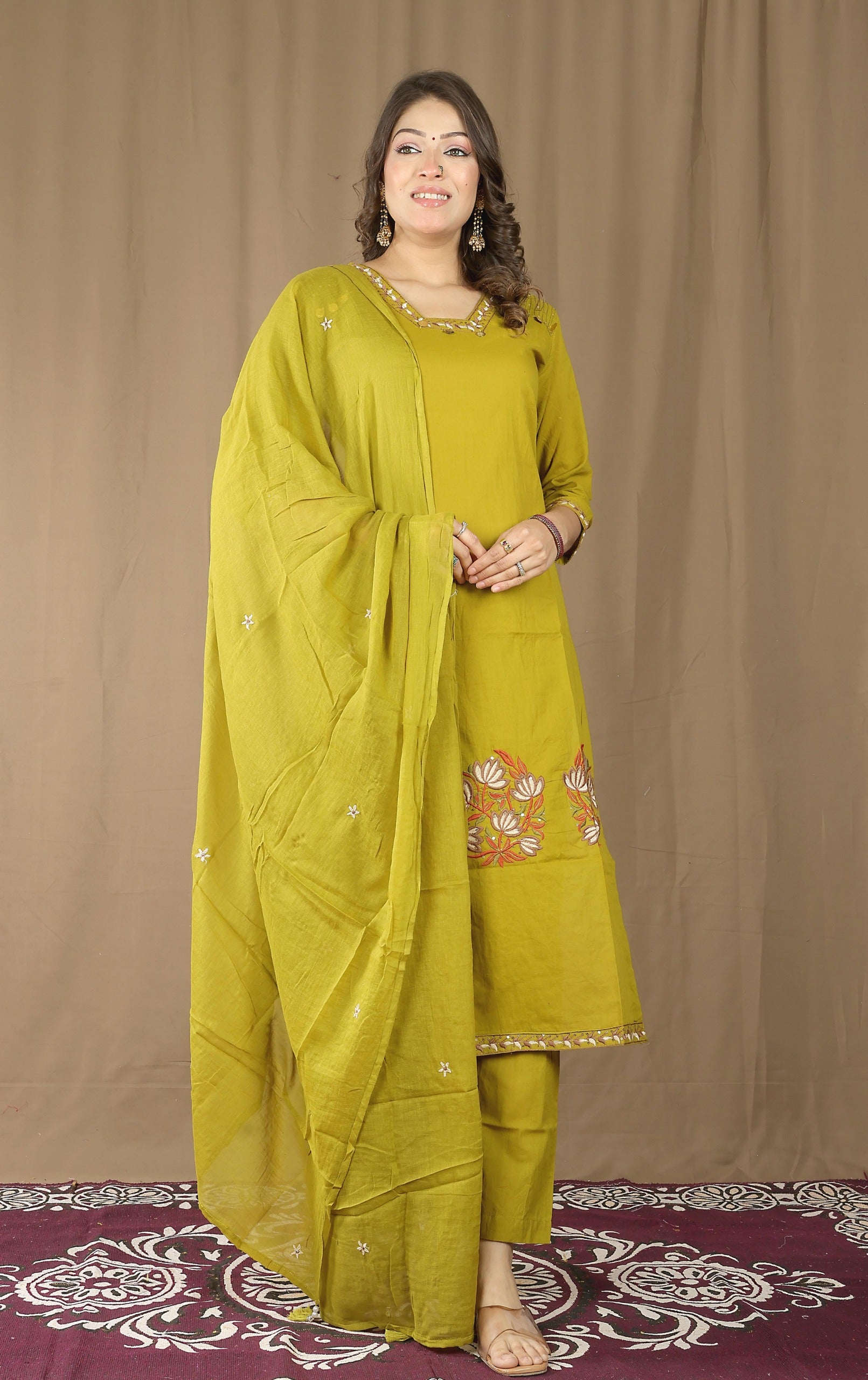 Women's Cotton Kurta Set with Embroidered Dupatta