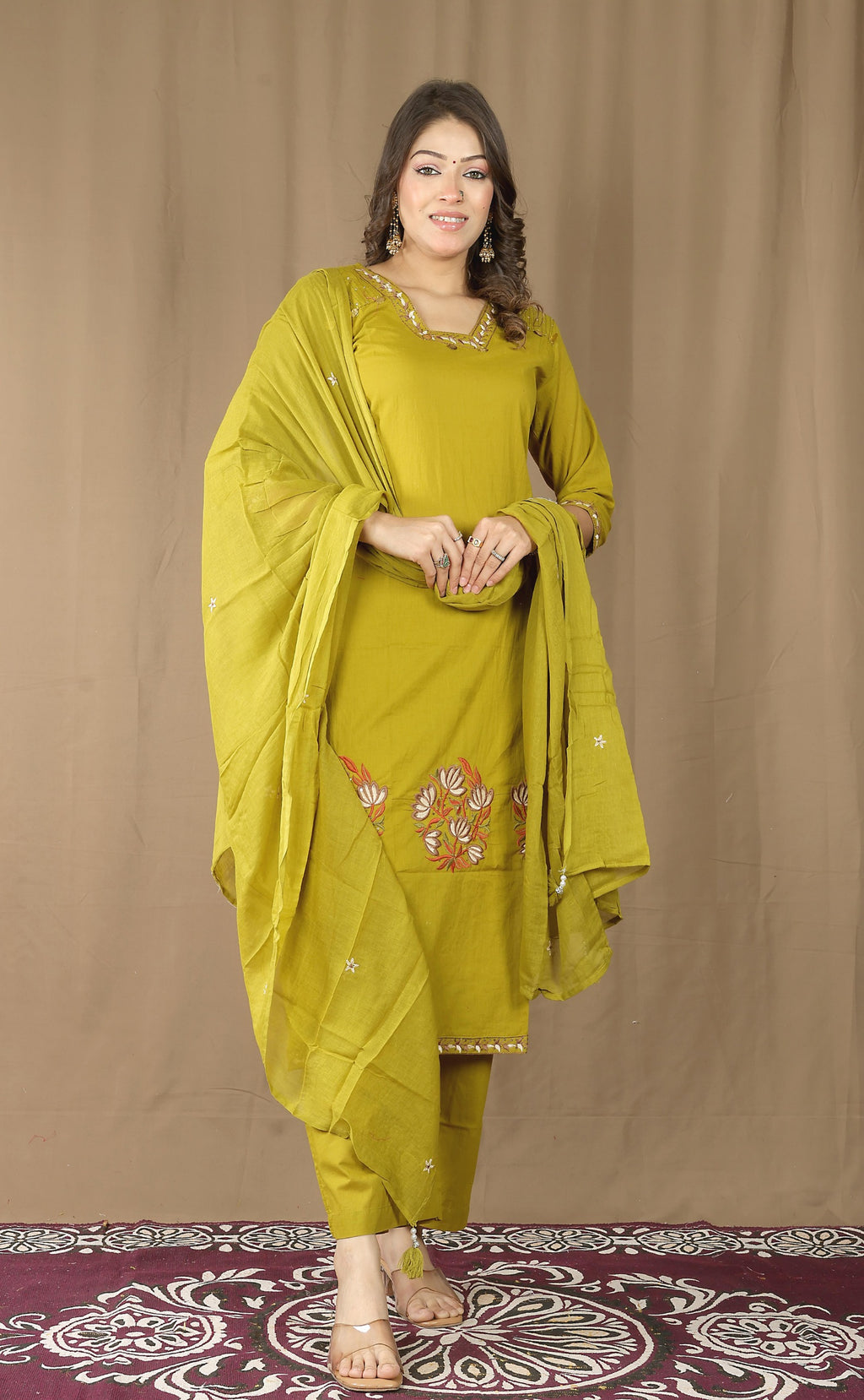Women's Cotton Kurta Set with Embroidered Dupatta