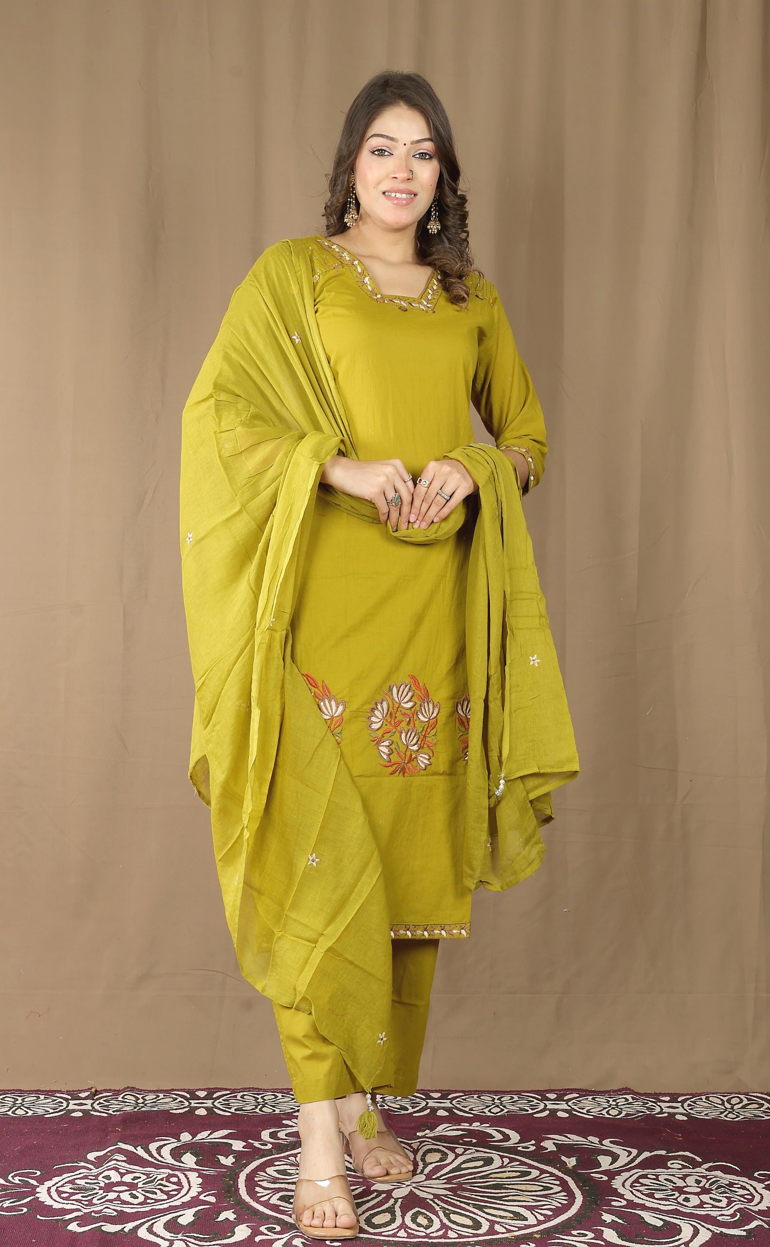 Women's Cotton Kurta Set with Embroidered Dupatta