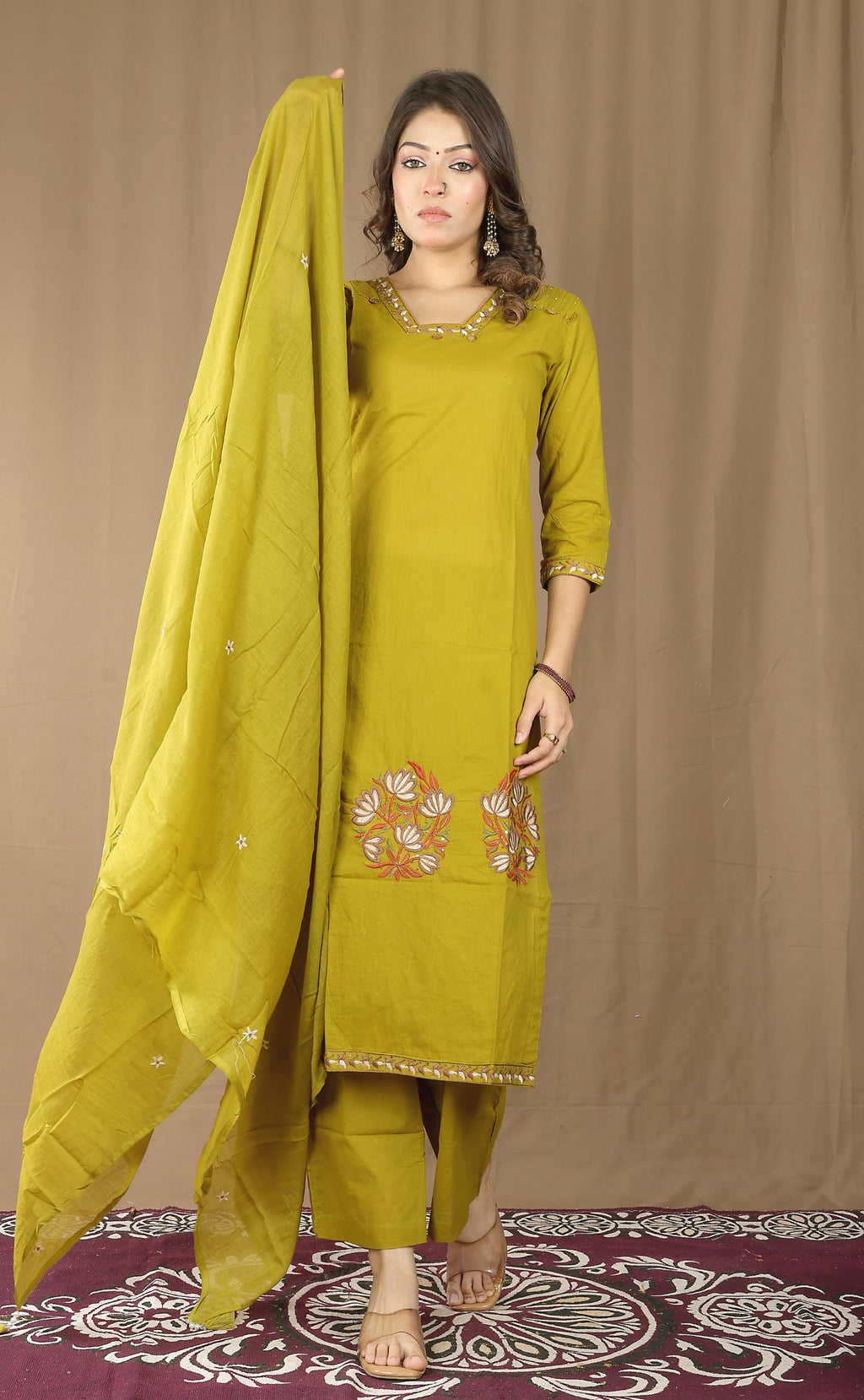 Women's Cotton Kurta Set with Embroidered Dupatta