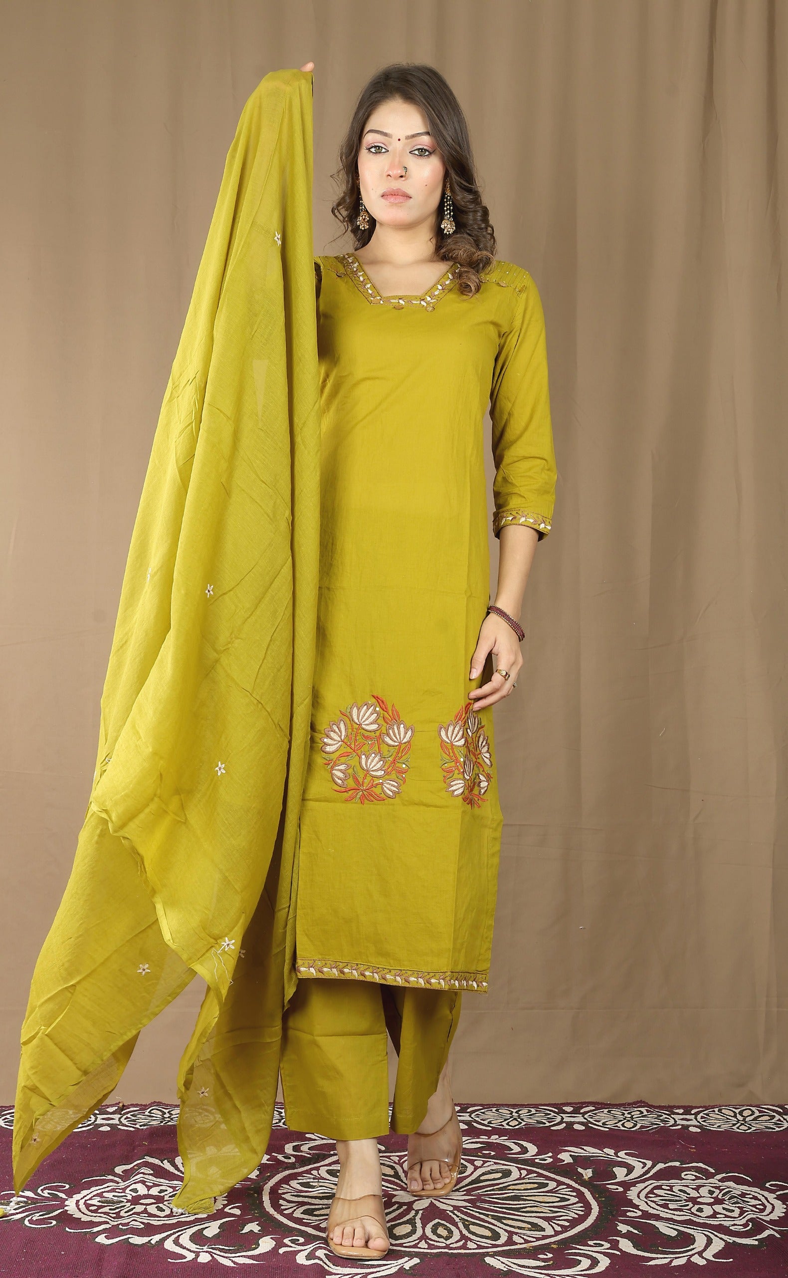 Women's Cotton Kurta Set with Embroidered Dupatta