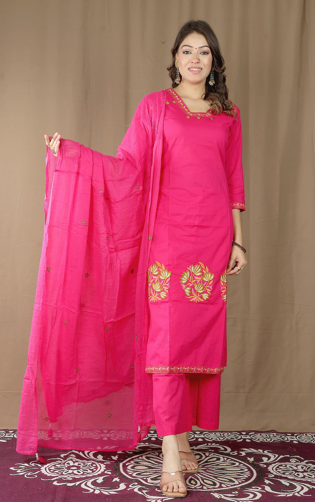 Women's Cotton Kurta Set with Embroidered Dupatta