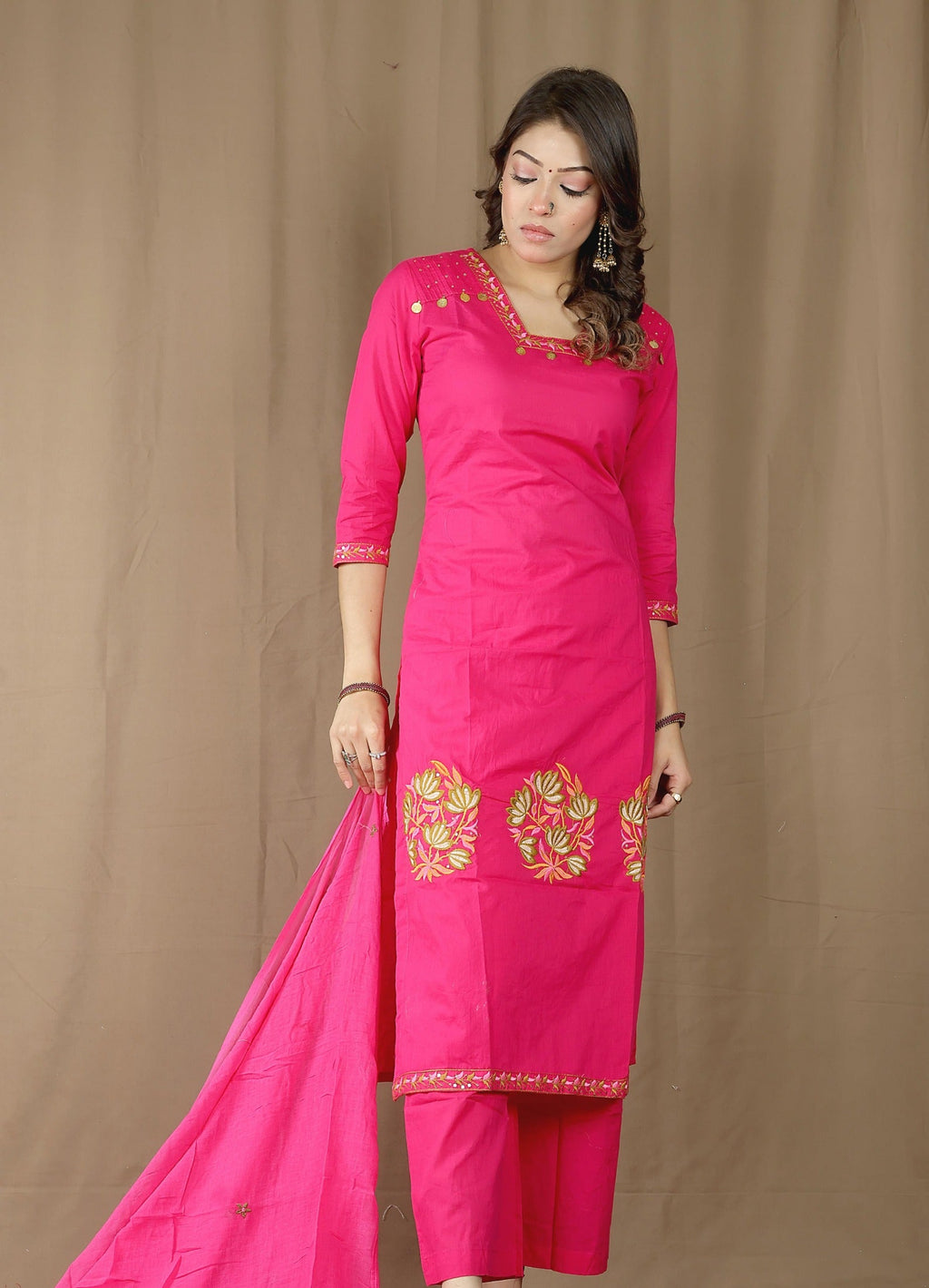 Women's Cotton Kurta Set with Embroidered Dupatta