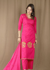 Women's Cotton Kurta Set with Embroidered Dupatta