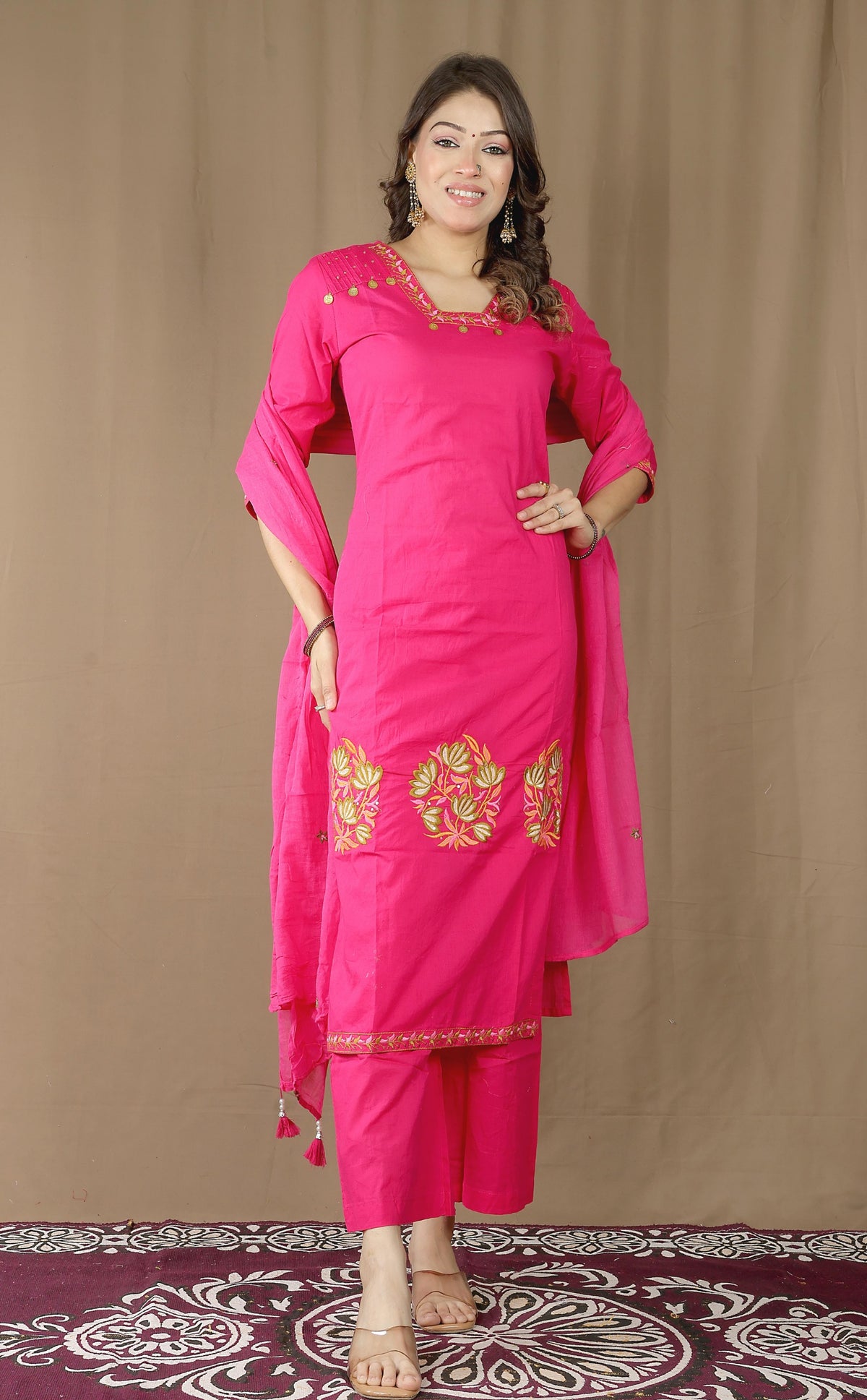 Women's Cotton Kurta Set with Embroidered Dupatta