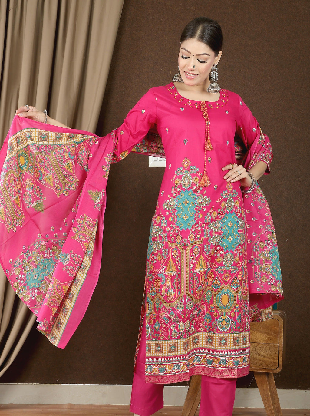 Women's Premium Cotton Printed Kurta Set with Pant & Dupatta