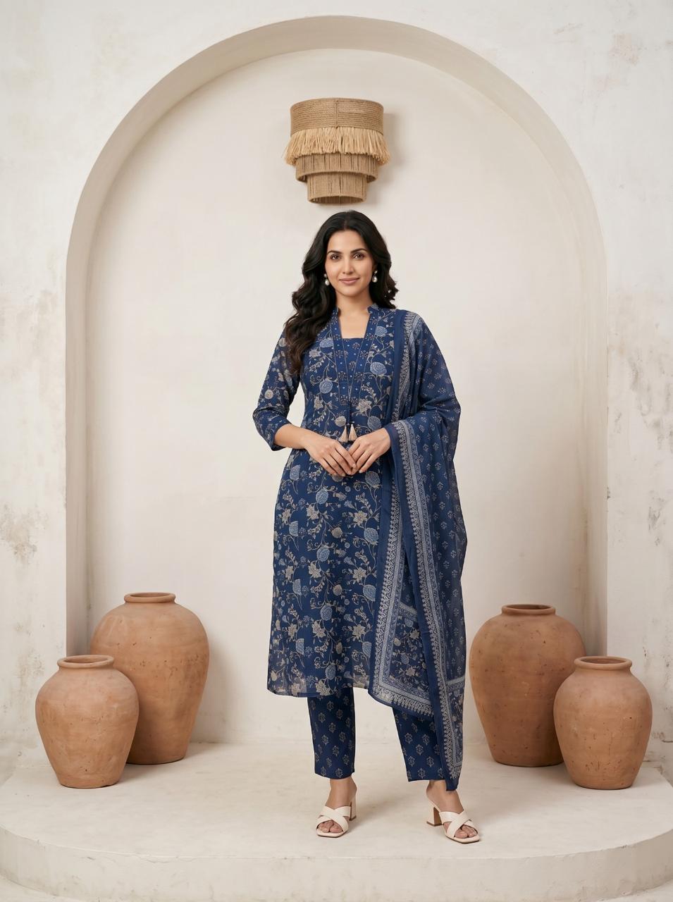 Women's Soft Cotton Kurta Set with Mulmul Dupatta