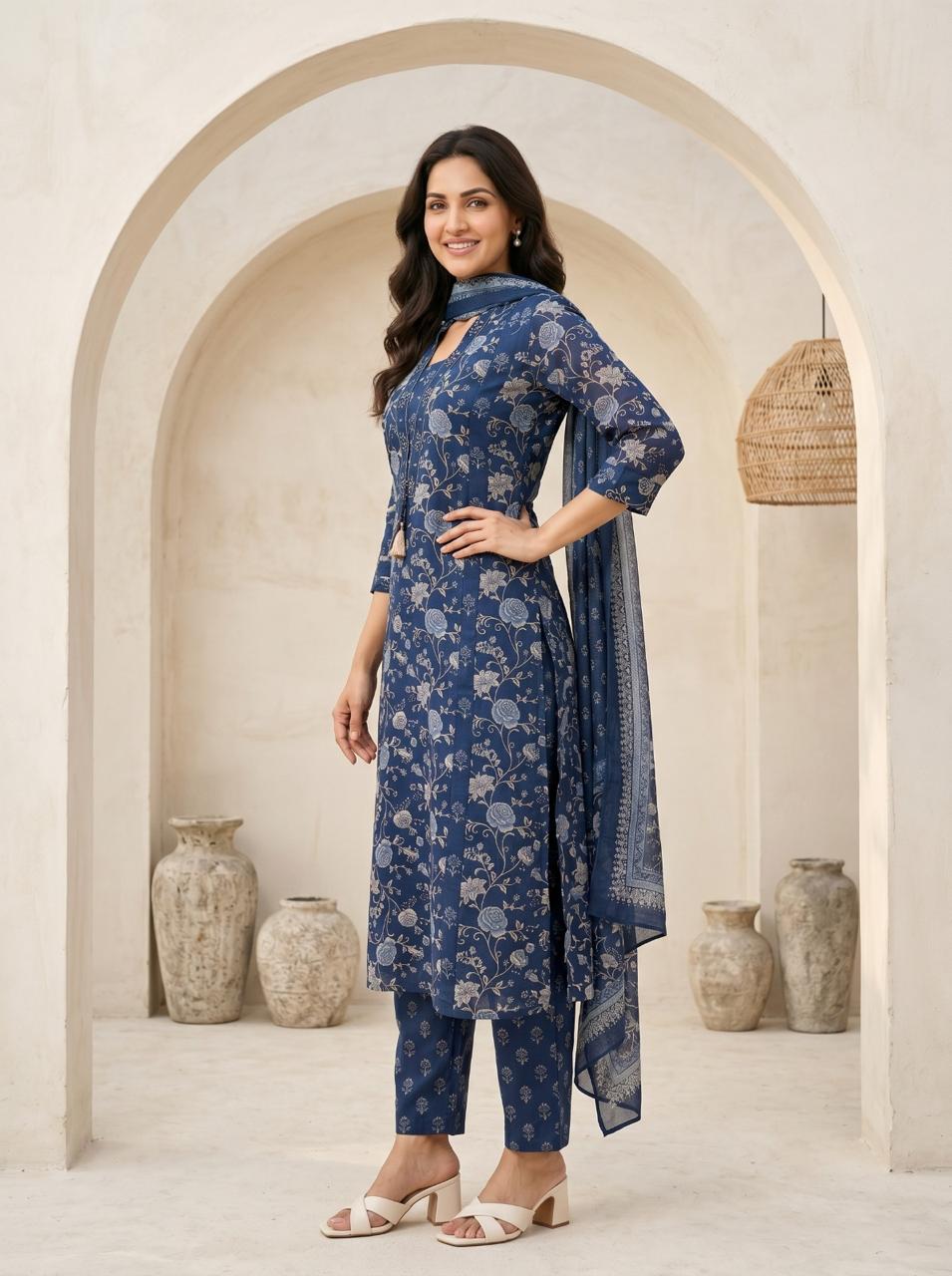 Women's Soft Cotton Kurta Set with Mulmul Dupatta