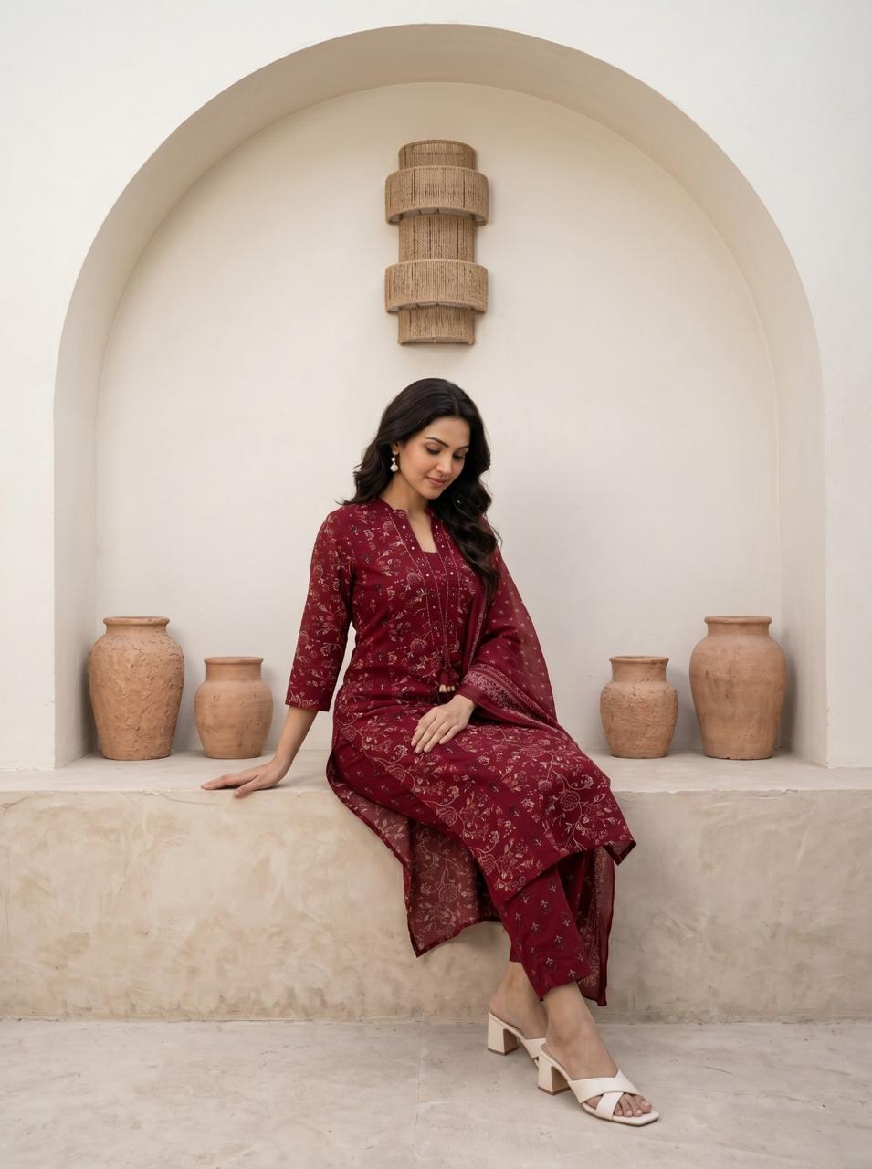 Women's Soft Cotton Kurta Set with Mulmul Dupatta