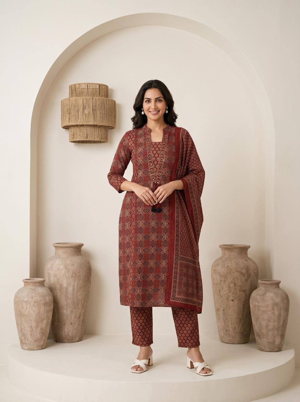 Women's Premium Cotton Suit Set with Dupatta