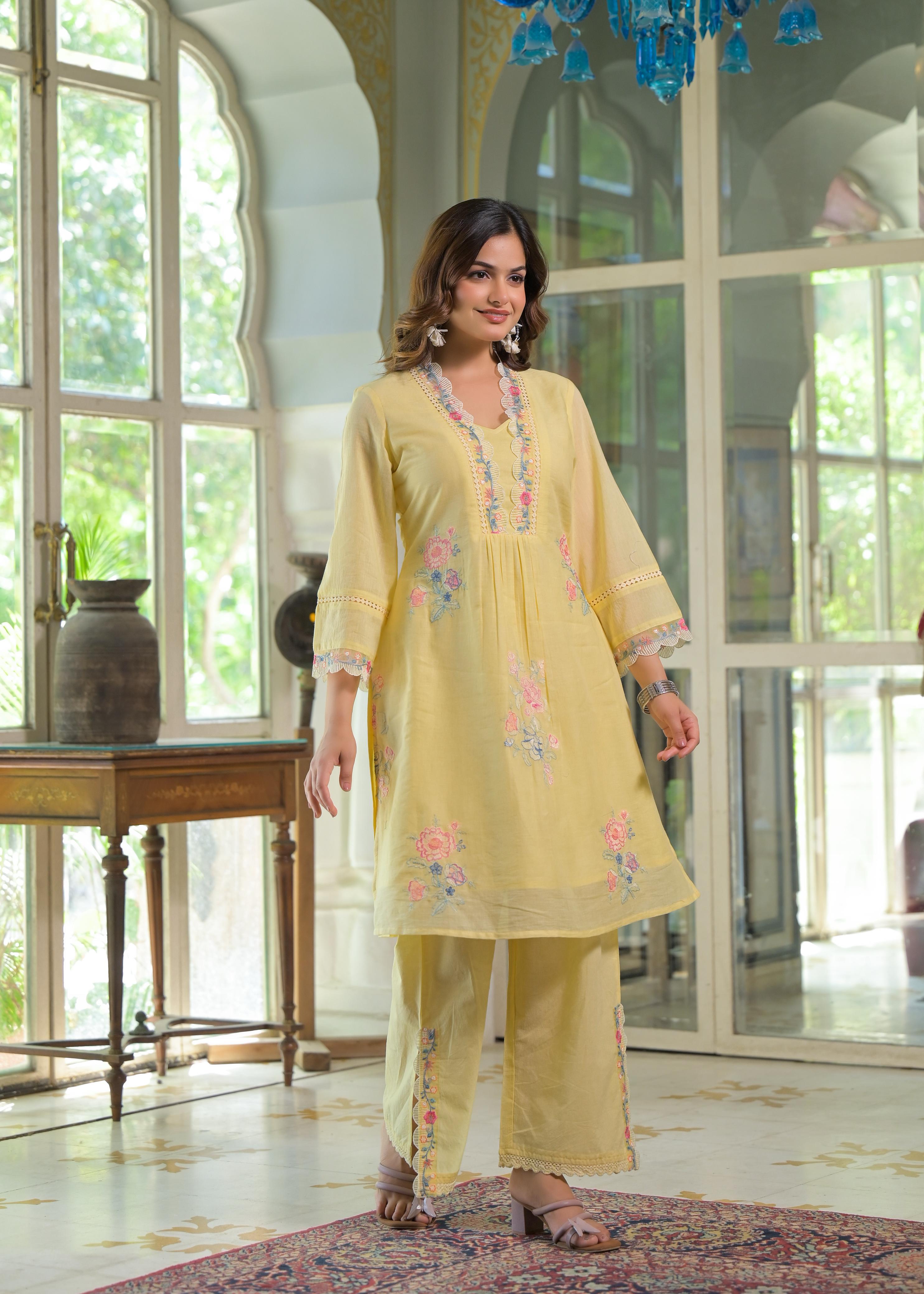 Women's Premium Pure Cotton Embroidered Kurta Pant Co-ord Set