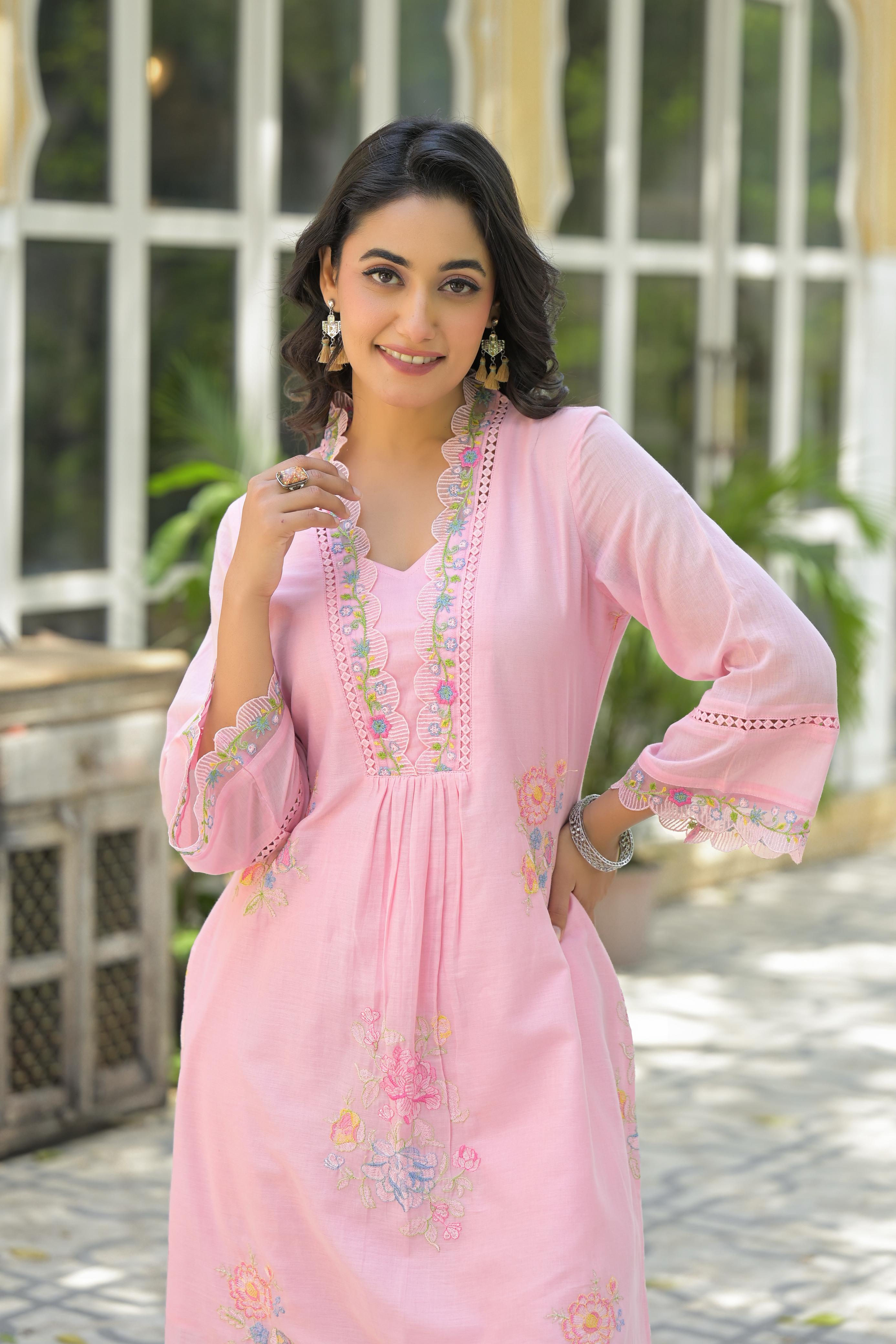 Women's Premium Pure Cotton Embroidered Kurta Pant Co-ord Set