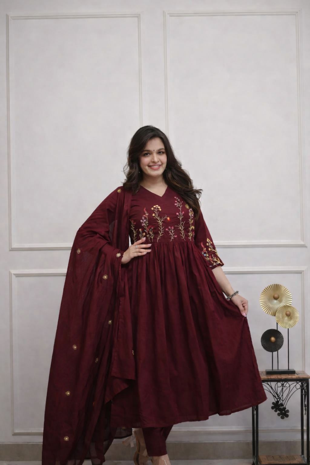 Women's Floral Cotton Anarkali Kurta Set with Straight Pants