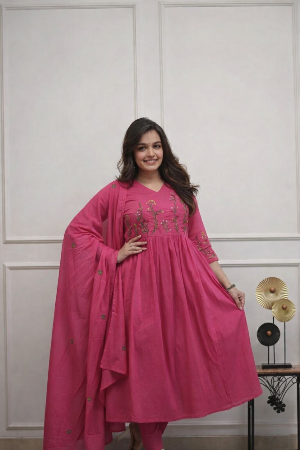Women's Floral Cotton Anarkali Kurta Set with Straight Pants