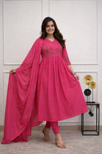 Women's Floral Cotton Anarkali Kurta Set with Straight Pants