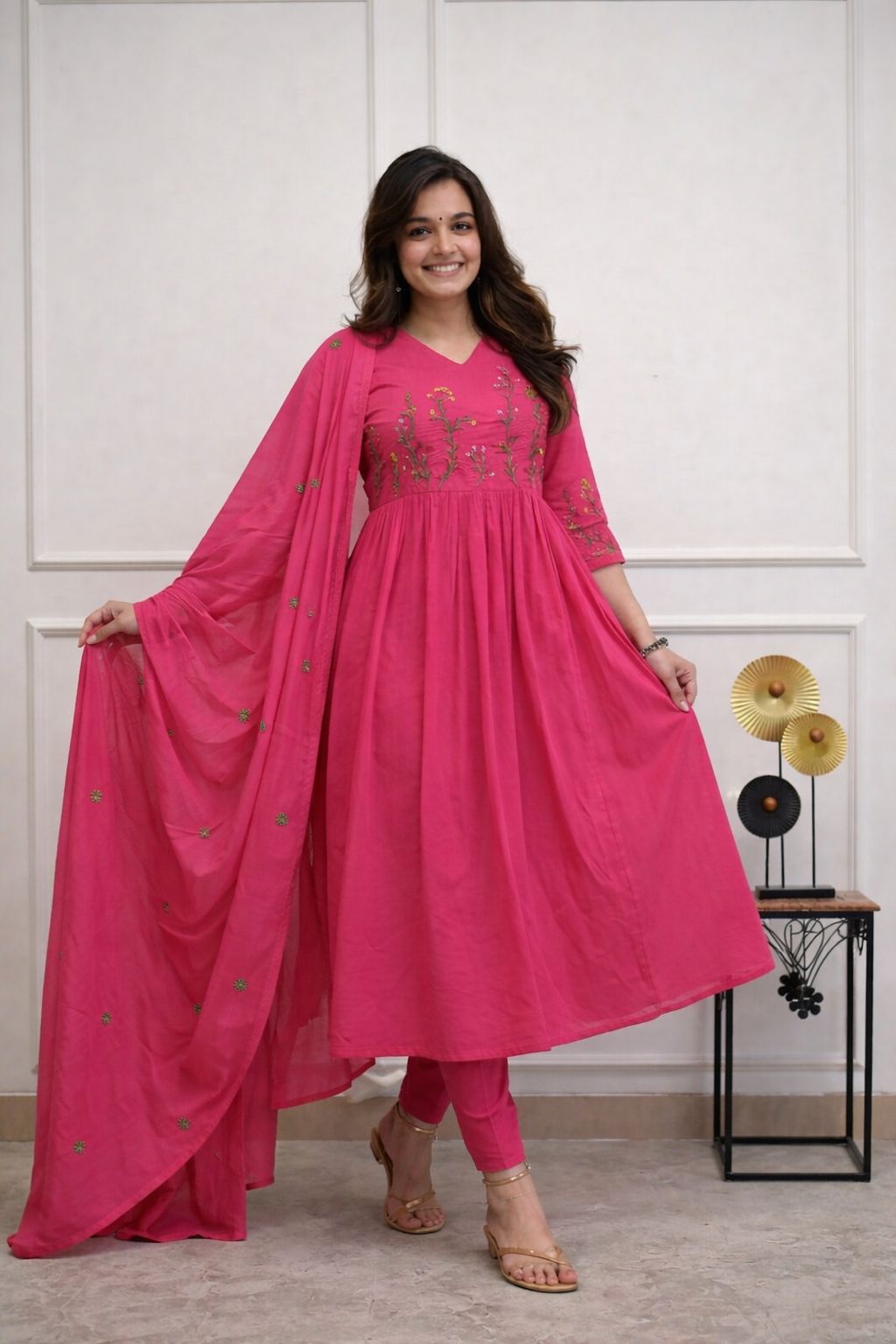 Women's Floral Cotton Anarkali Kurta Set with Straight Pants