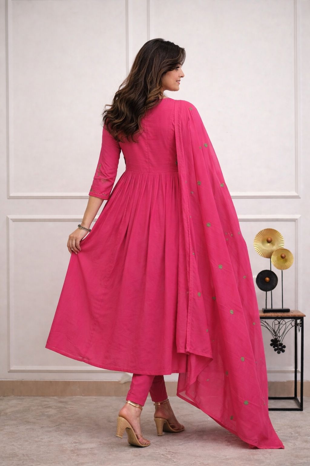 Women's Floral Cotton Anarkali Kurta Set with Straight Pants